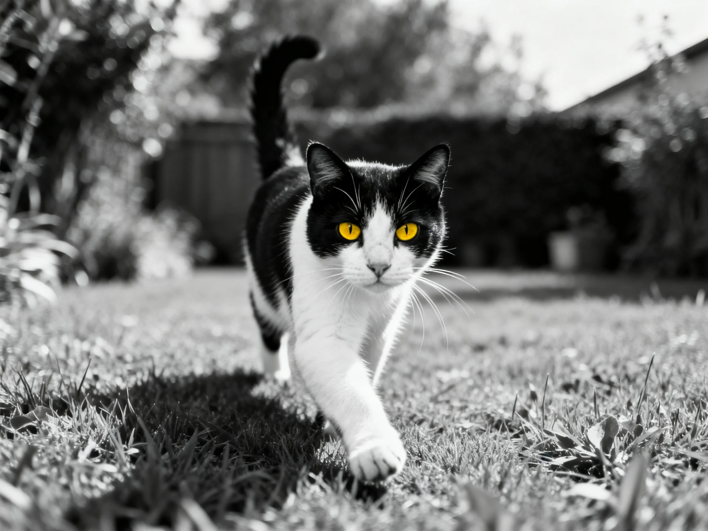 A black - and - white cat with bright yellow eyes walks through a grassy outdoor area.