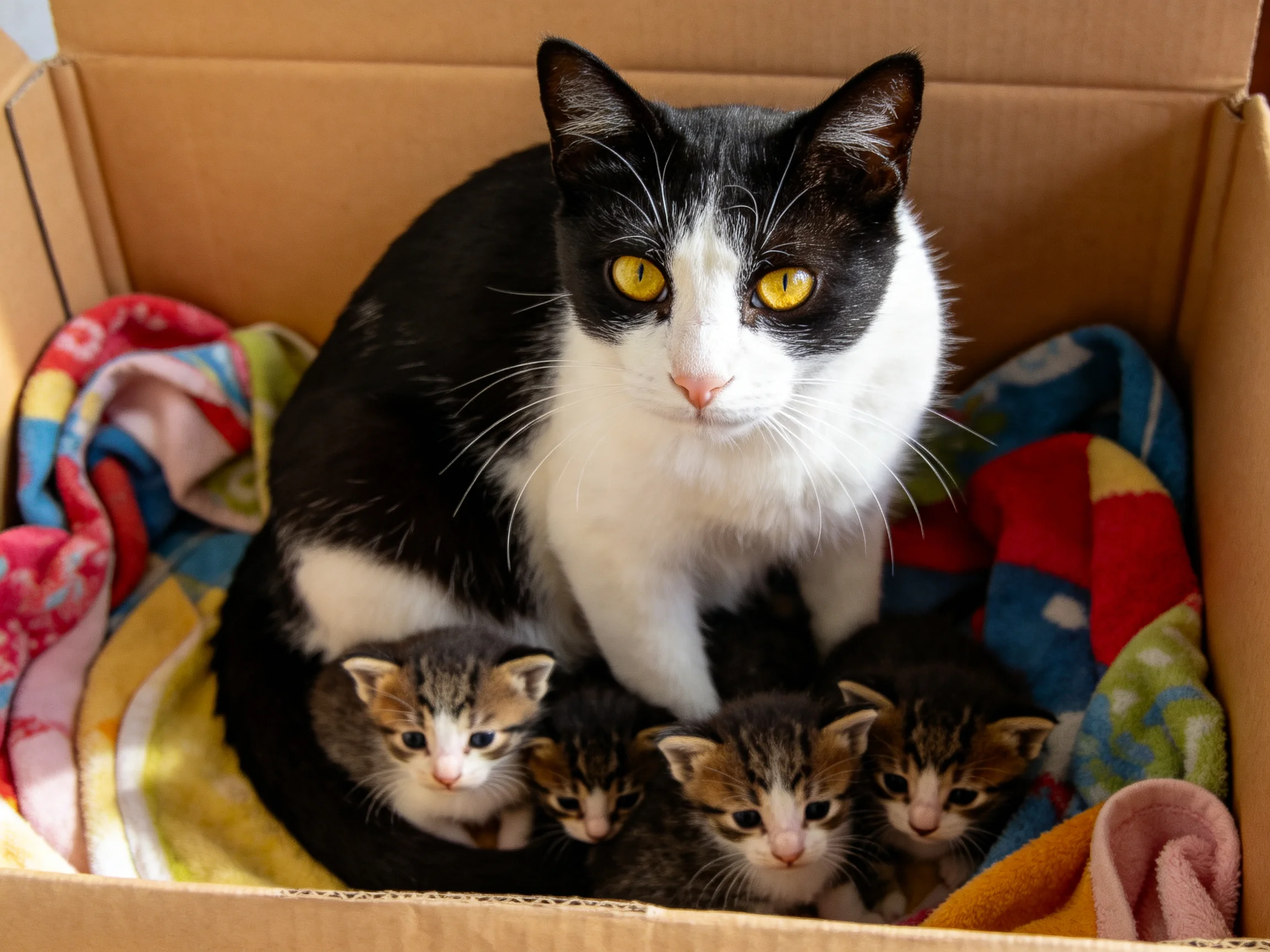A black - and - white cat sits with her four kittens inside a cardboard box lined with colorful blankets.