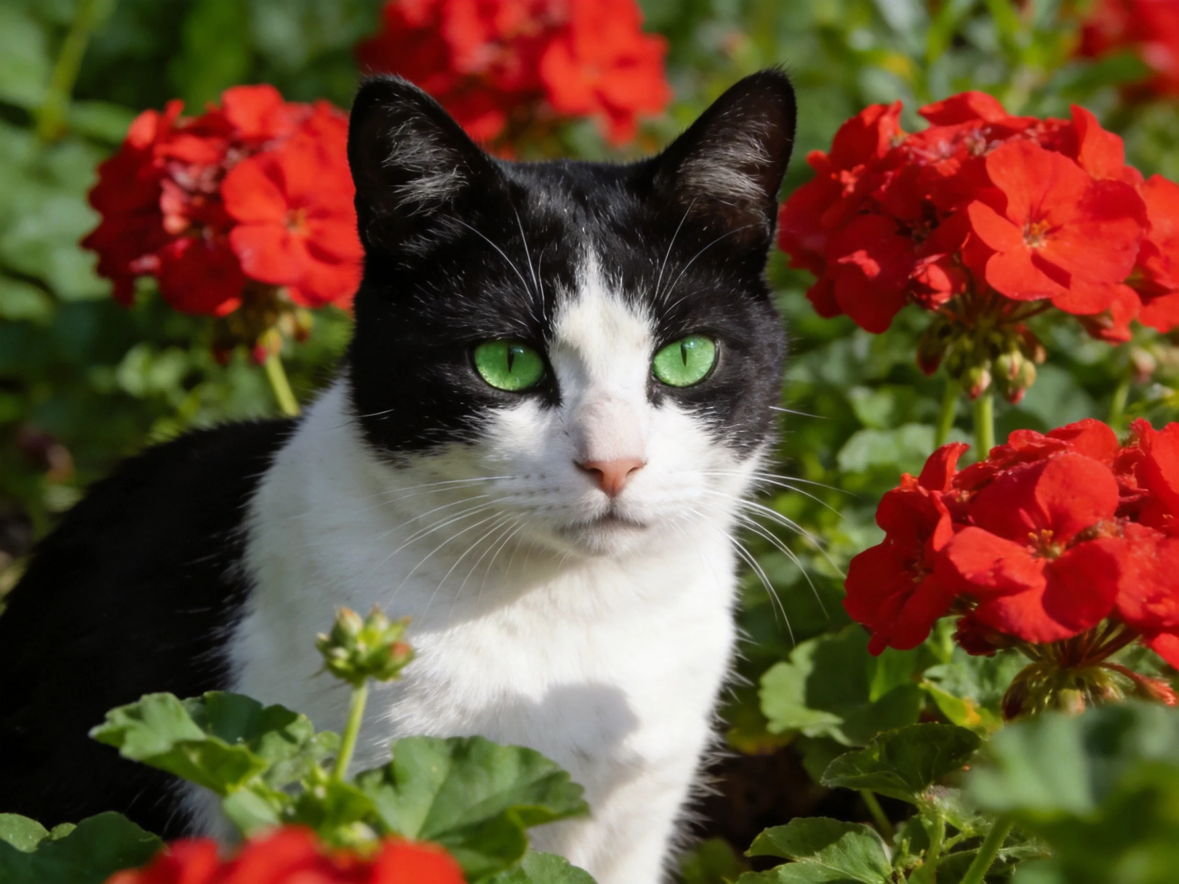 A black - and - white cat with green eyes is surrounded by bright red flowers.