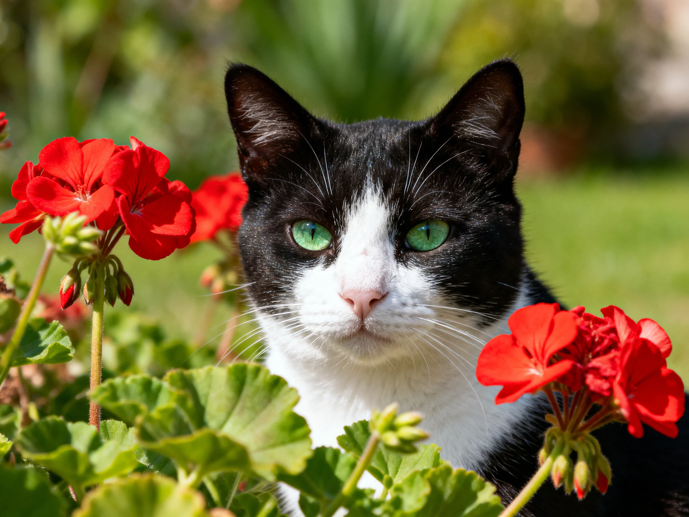 A black - and - white cat with green eyes is near red flowers in a garden.