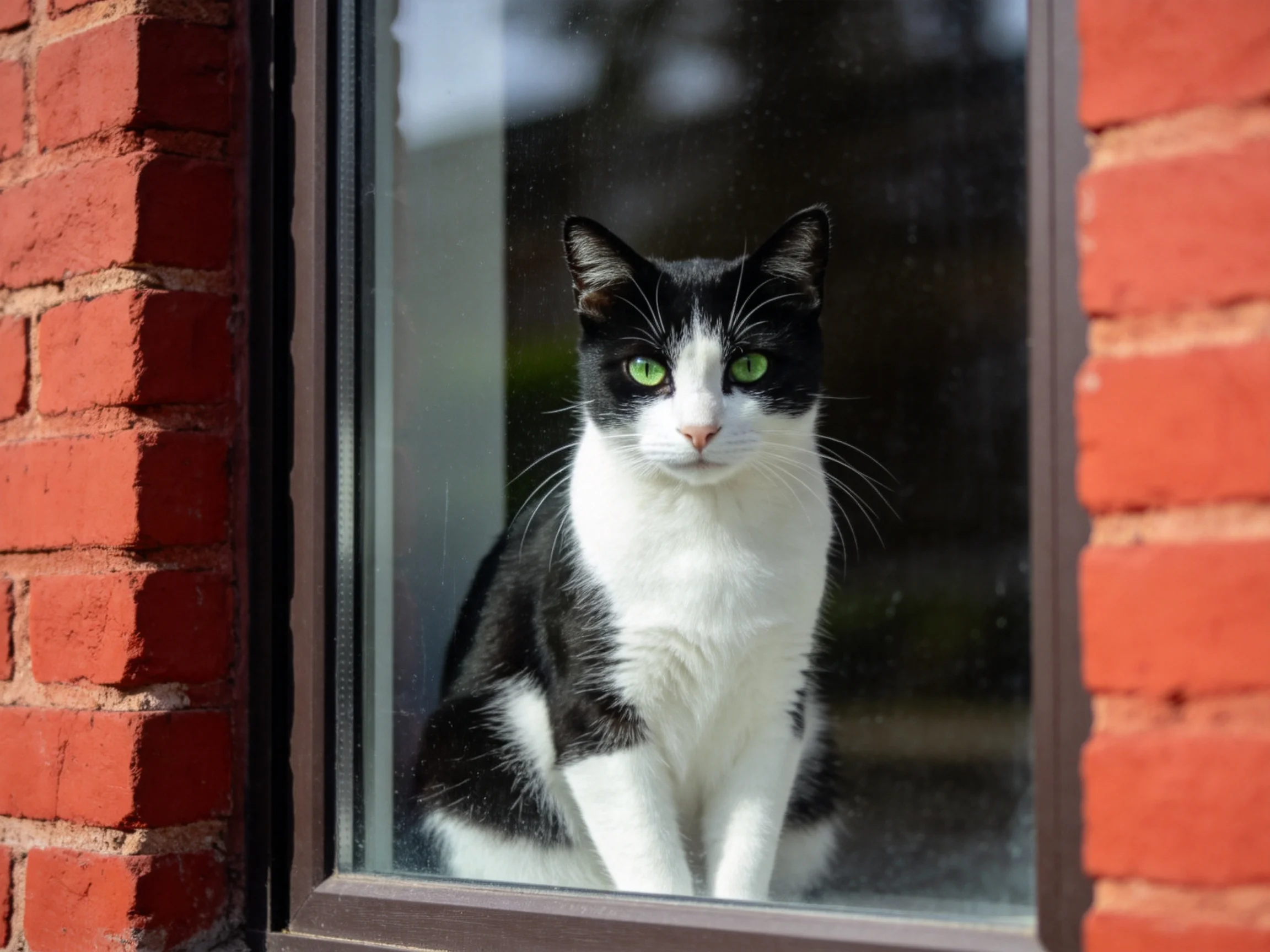 A black - and - white cat with green eyes sits by a red brick window.
