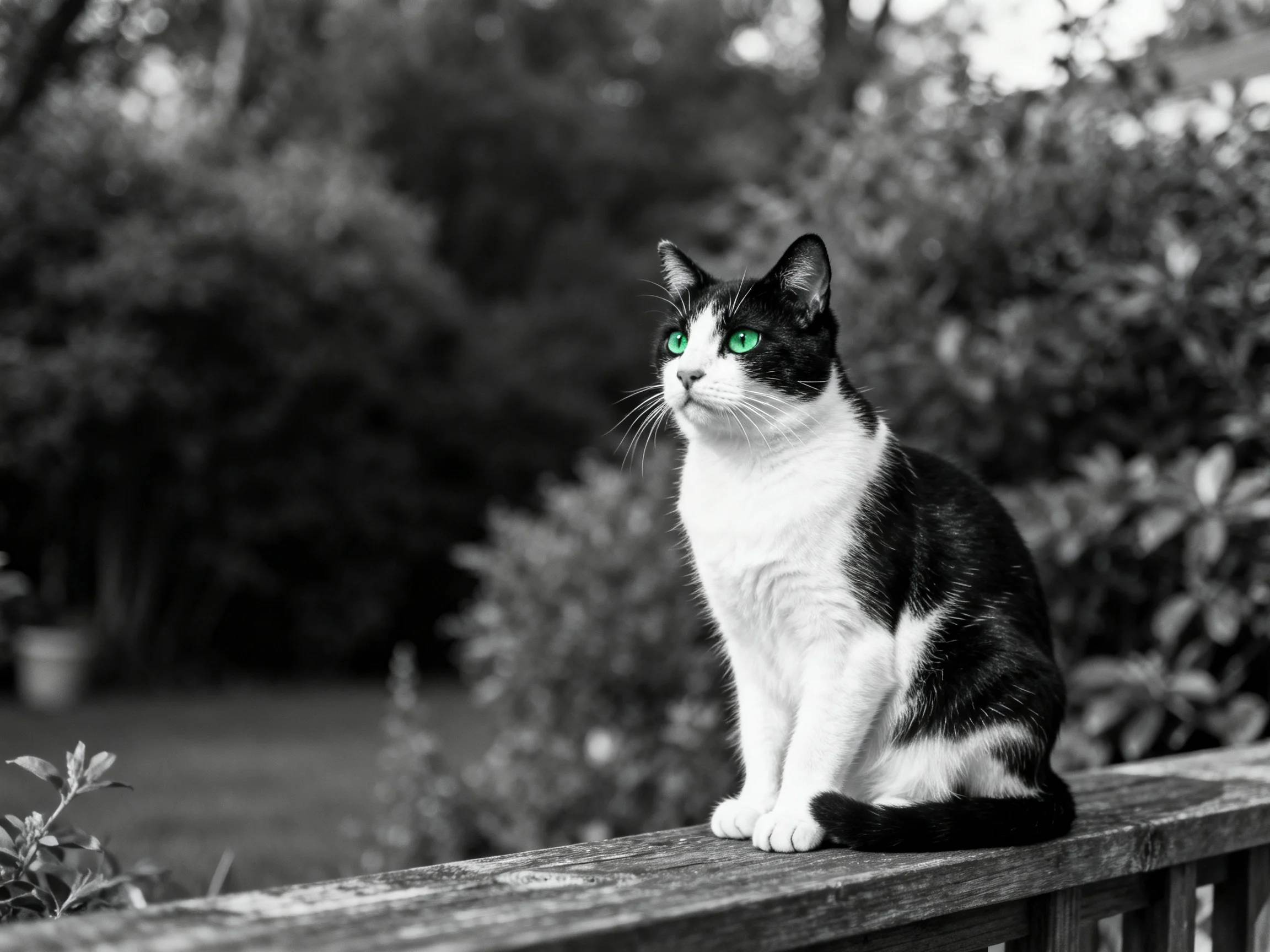 A black - and - white cat with green eyes sits on a wooden railing in a garden.
