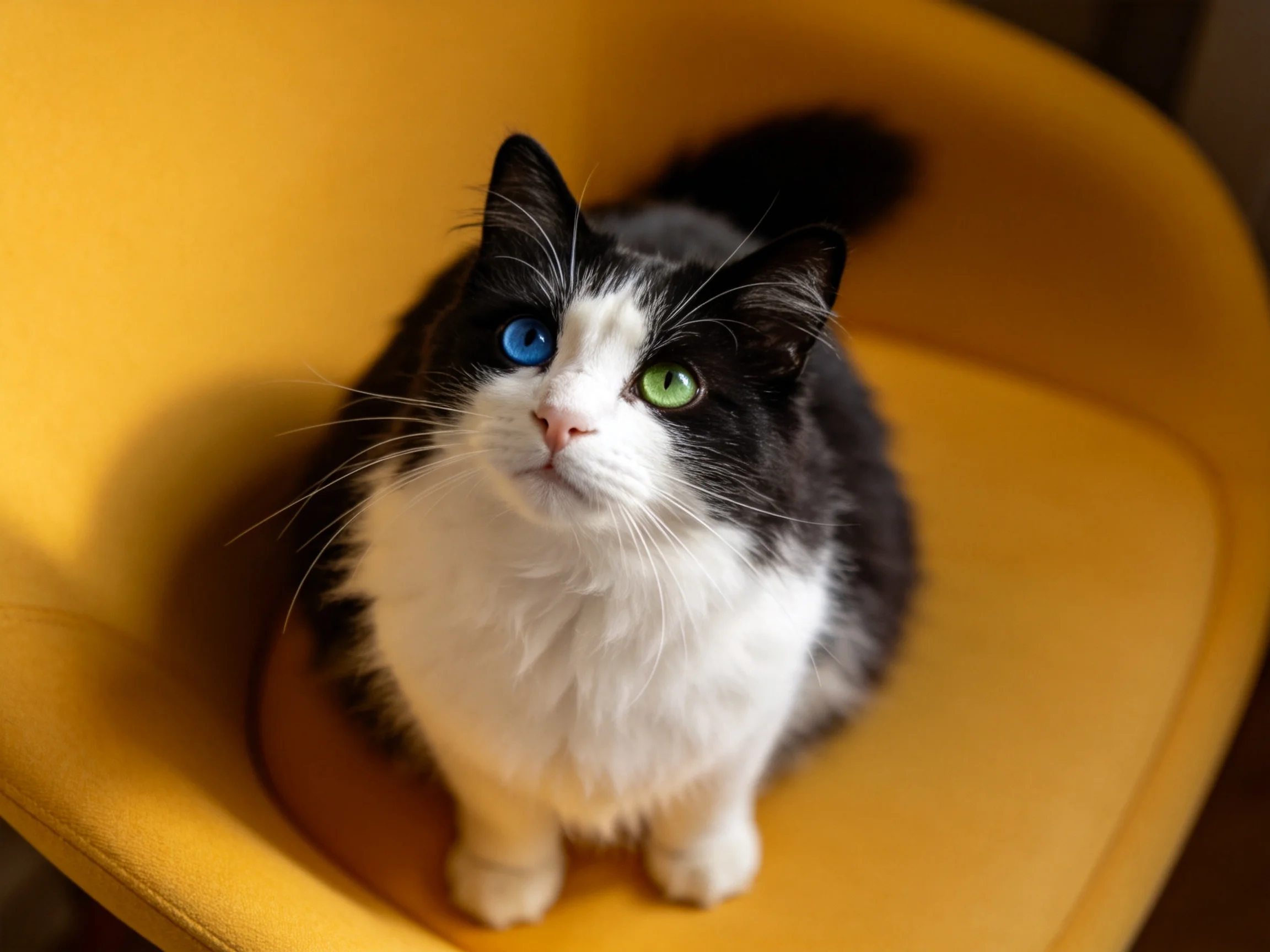A black - and - white cat with differently colored eyes sits on a yellow chair.