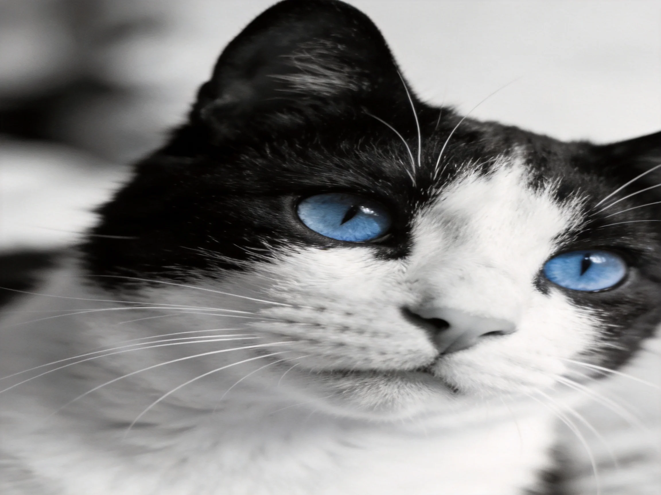 A black - and - white cat with striking blue eyes in close - up
