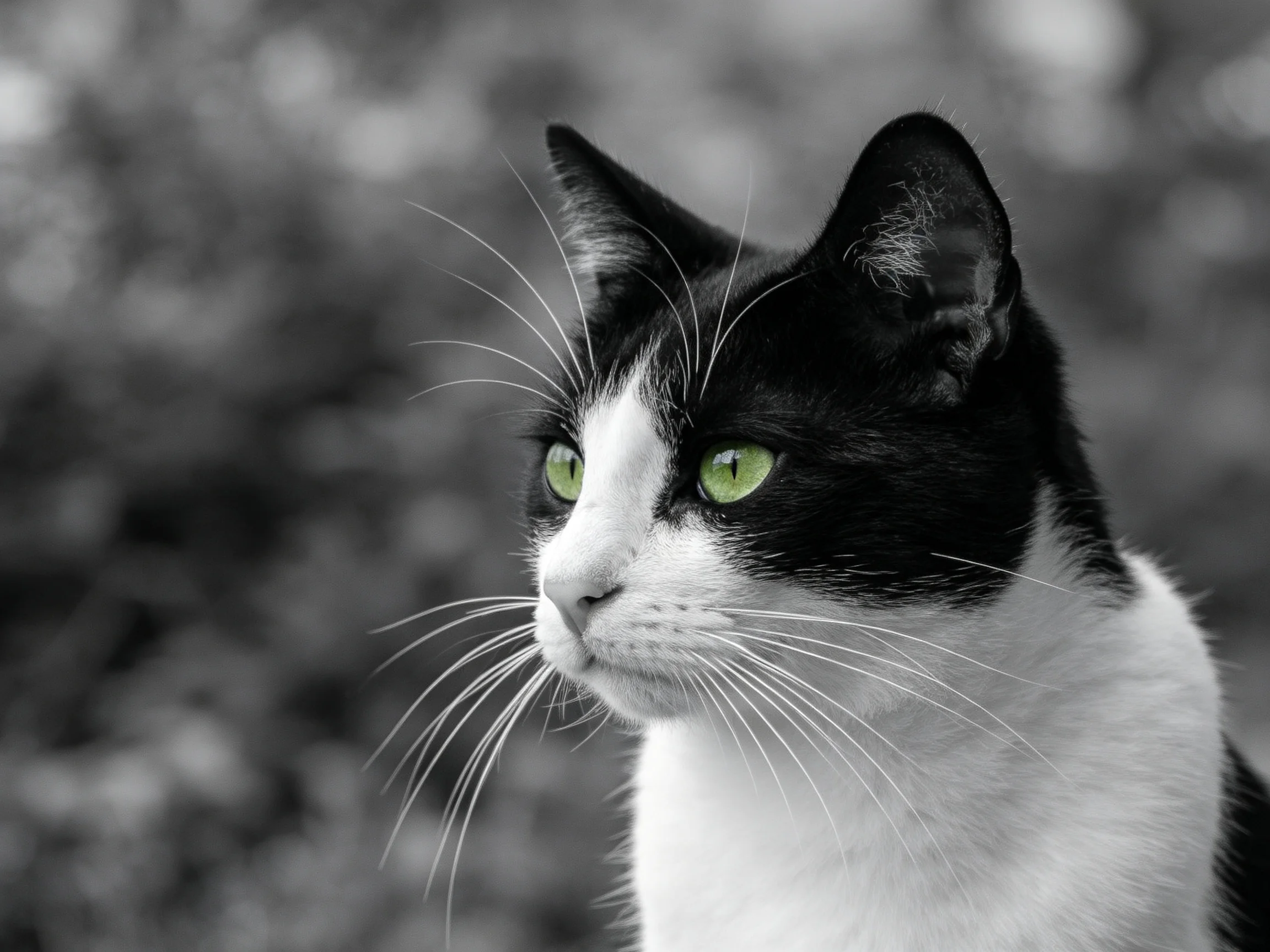 A black - and - white cat with striking green eyes against a blurred natural backdrop