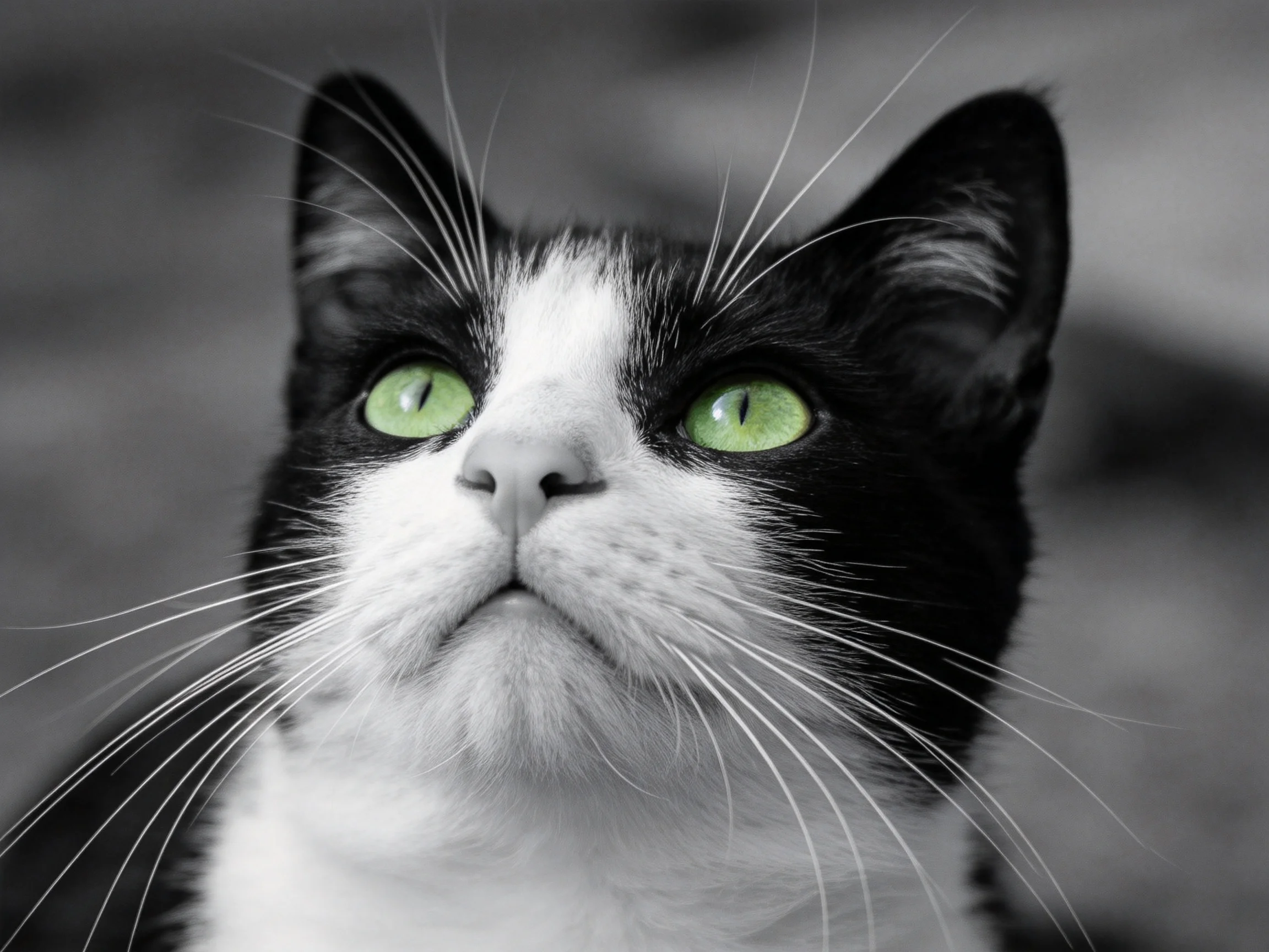A black - and - white cat with striking green eyes gazes upward
