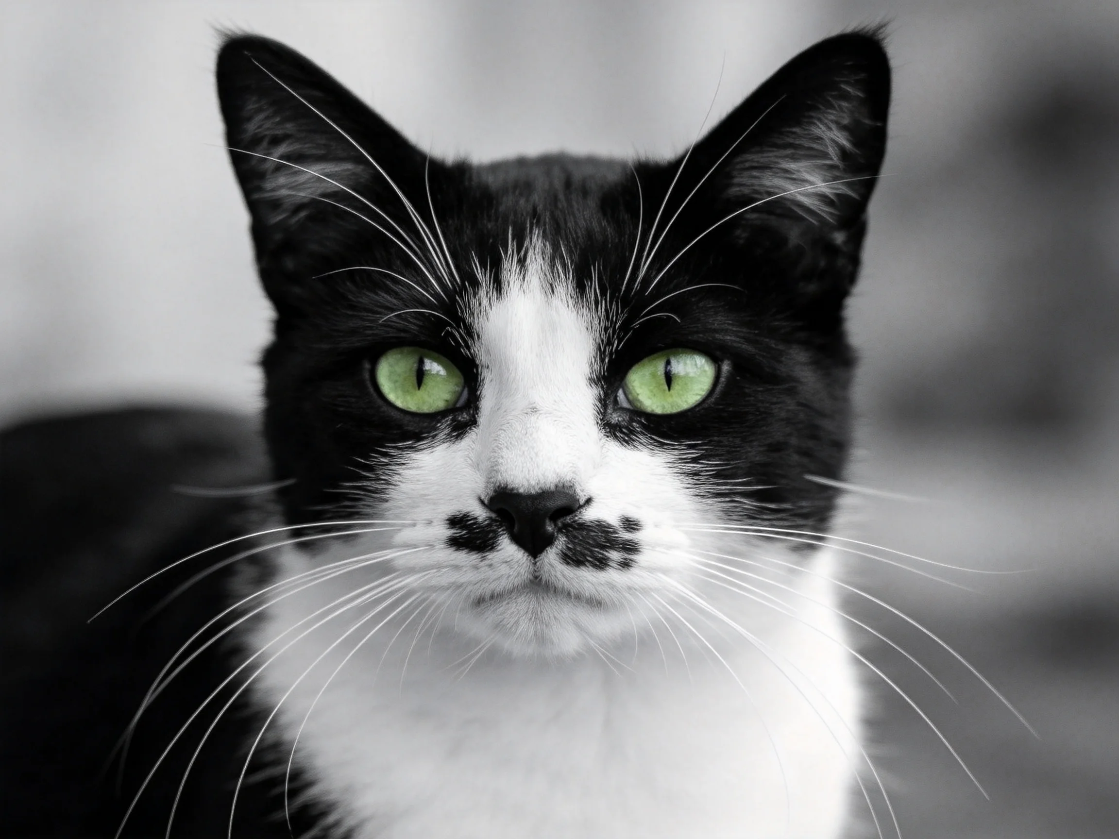A black - and - white cat with striking green eyes in monochrome backdrop