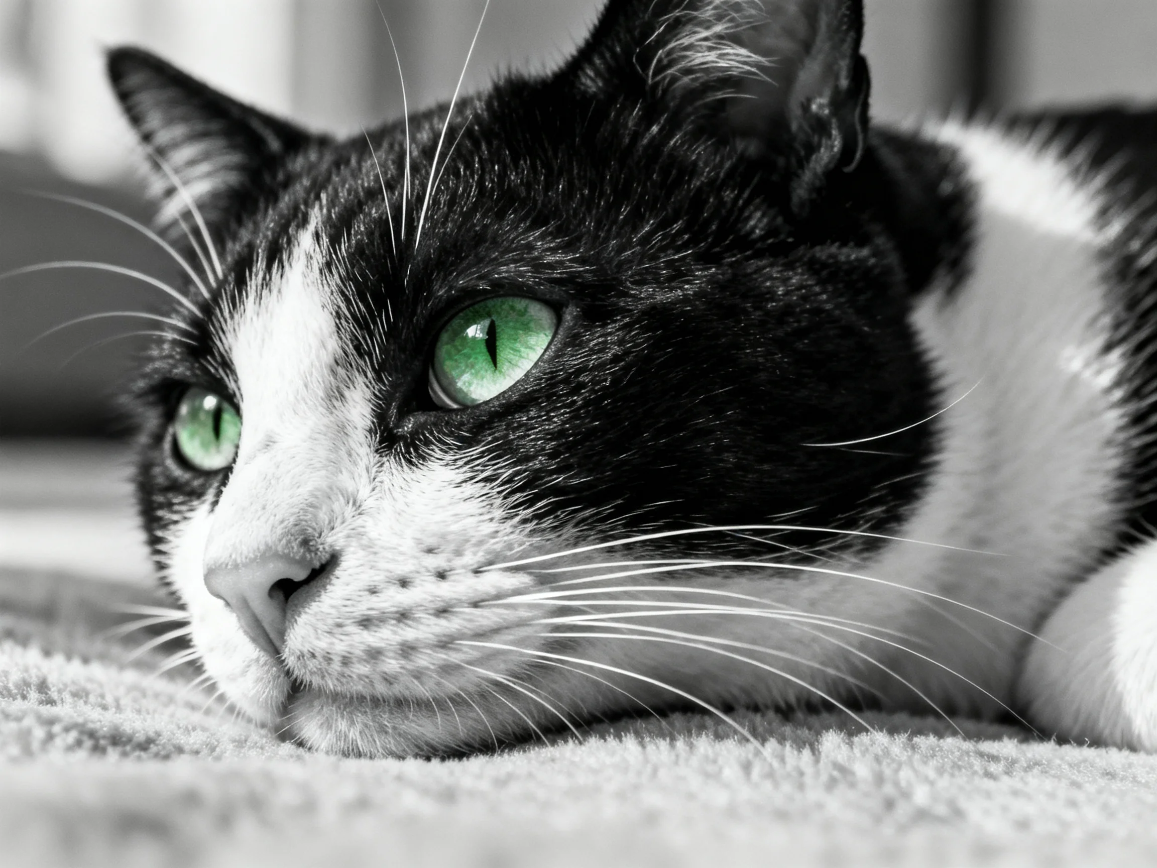 A black - and - white cat with striking green eyes rests on a soft surface