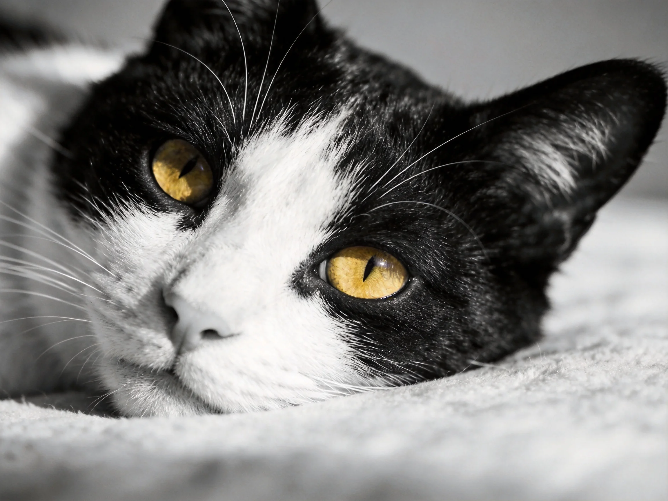 A black - and - white cat with striking yellow eyes rests on soft fabric