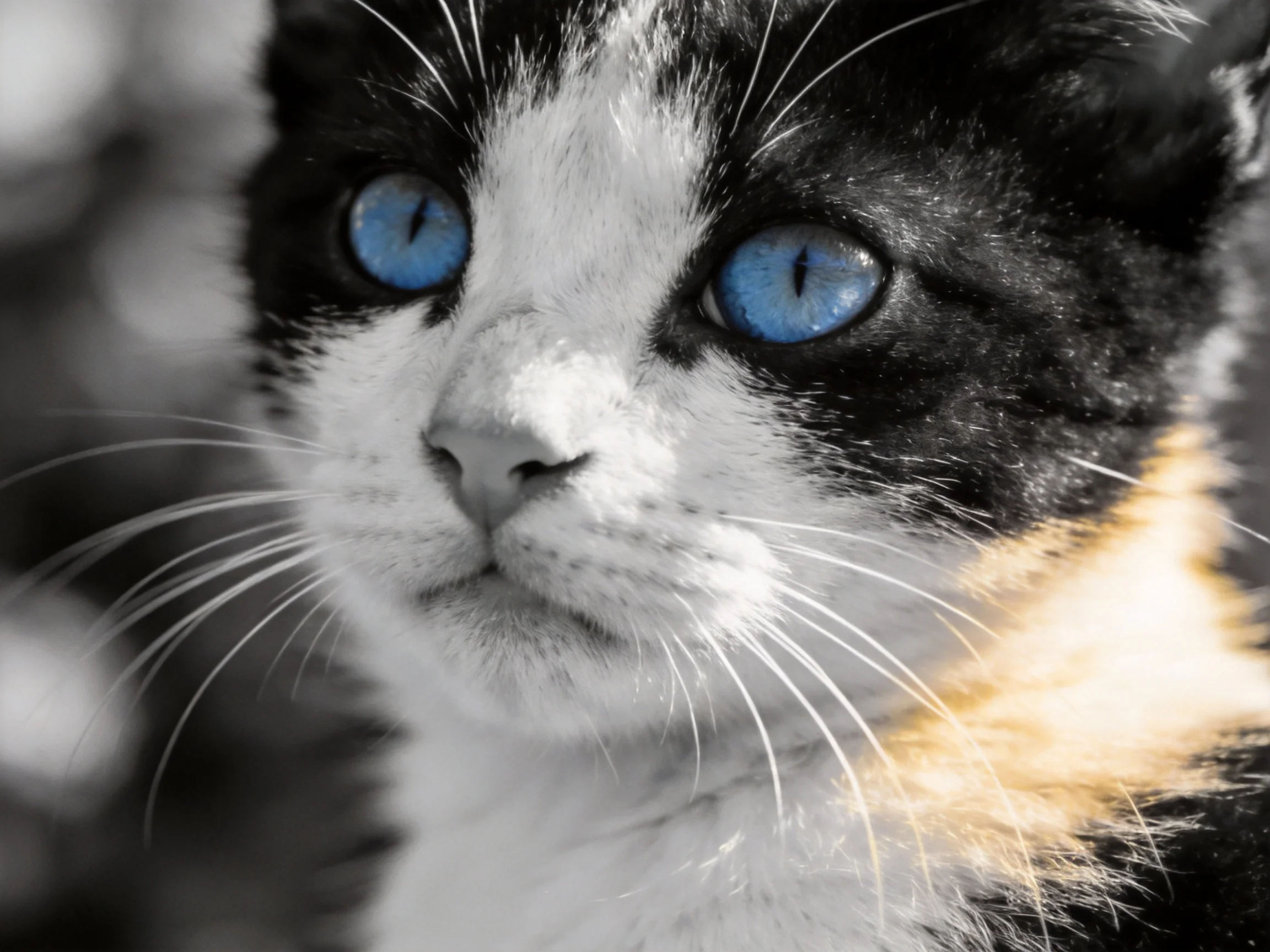 A black and white cat with bright blue eyes is shown in close - up detail.