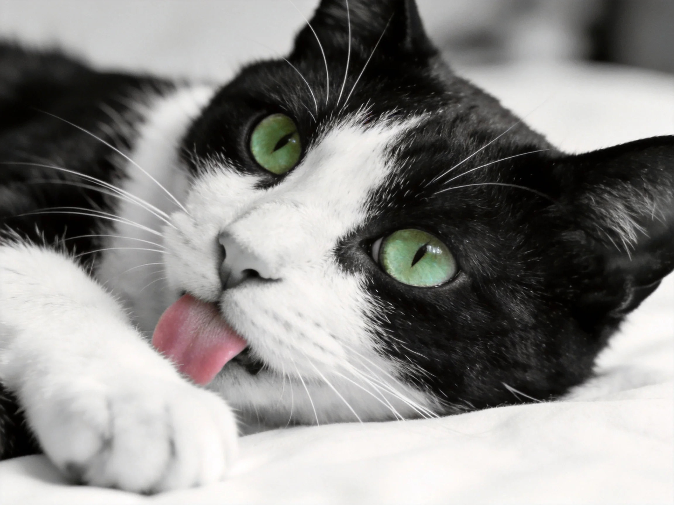 A black - and - white cat grooms itself while resting