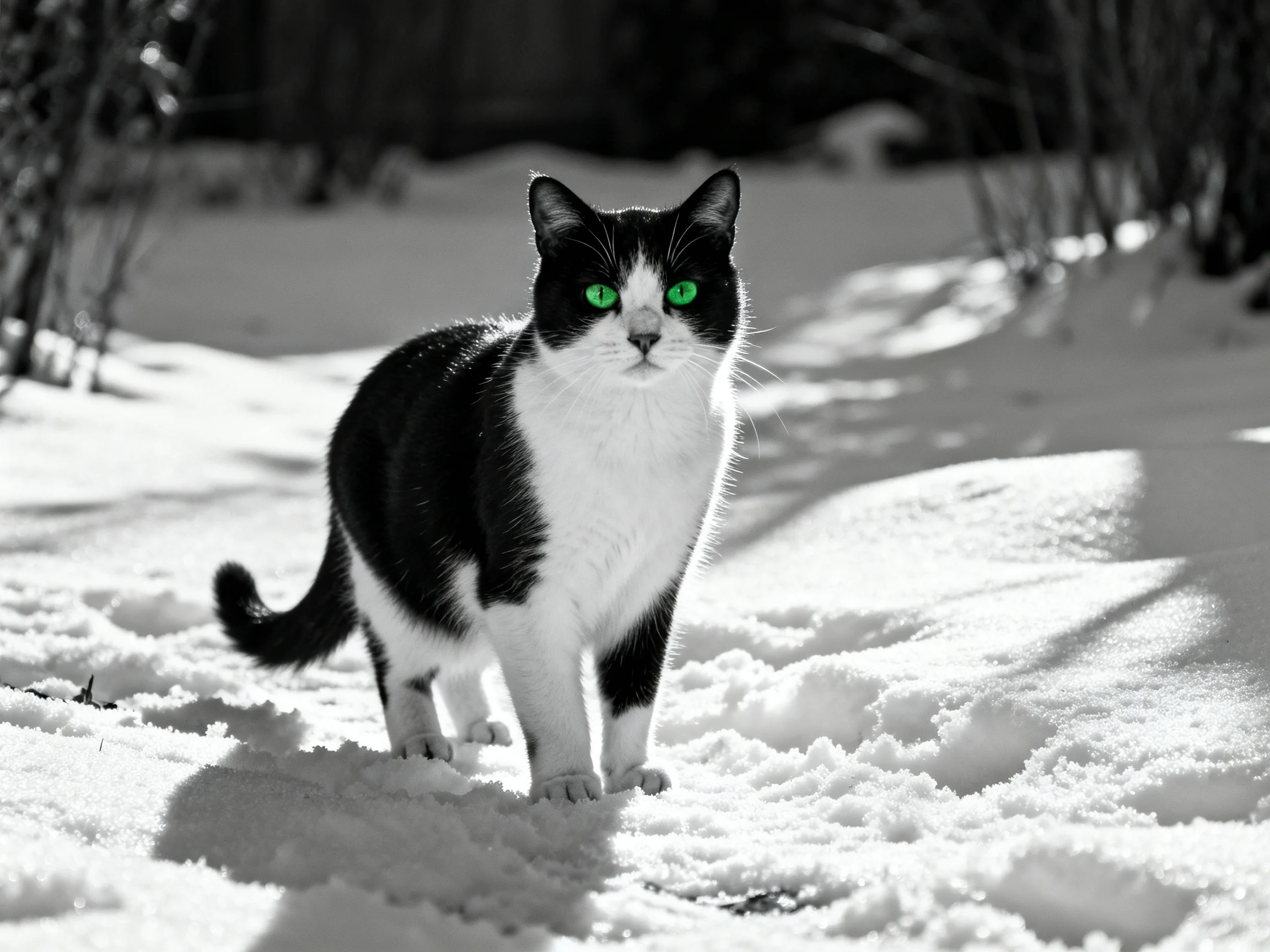 A black - and - white cat with green eyes moves through fresh snow.
