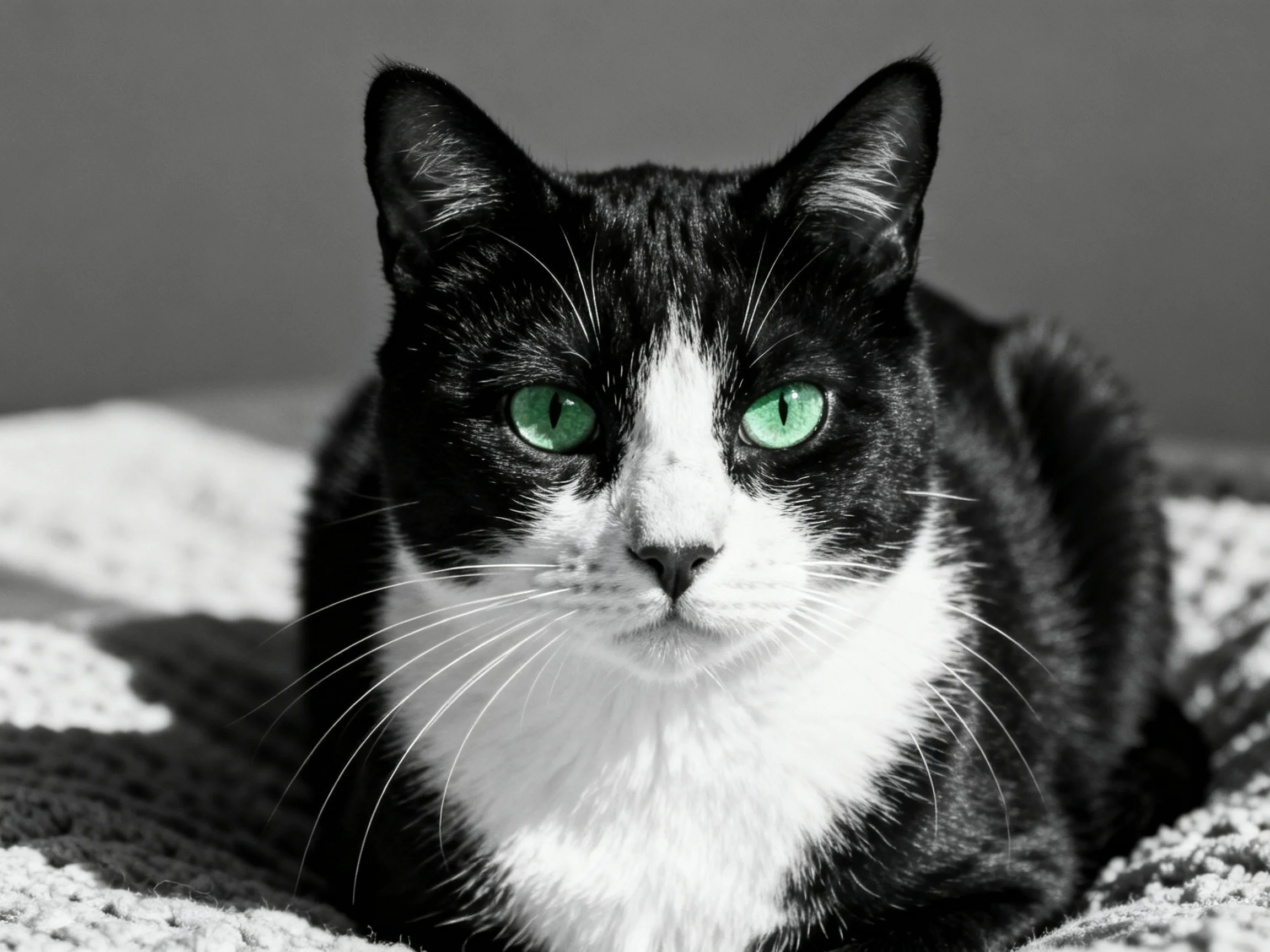 A black - and - white cat with bright green eyes rests on a textured surface.