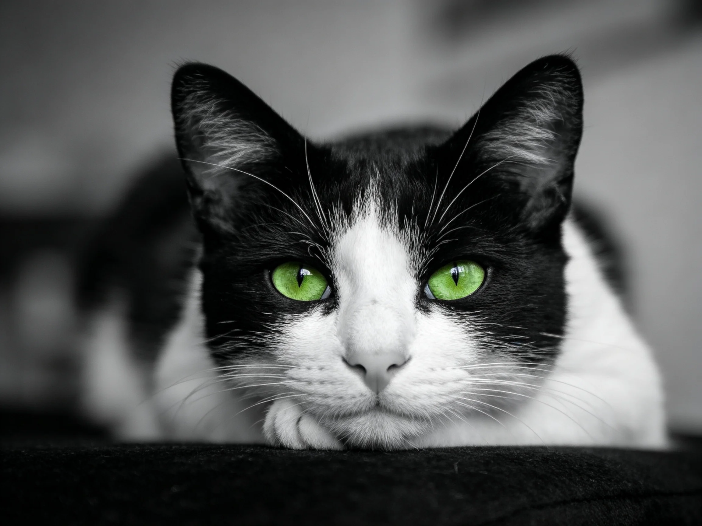 A black - and - white cat with bright green eyes rests, highlighting its facial features.