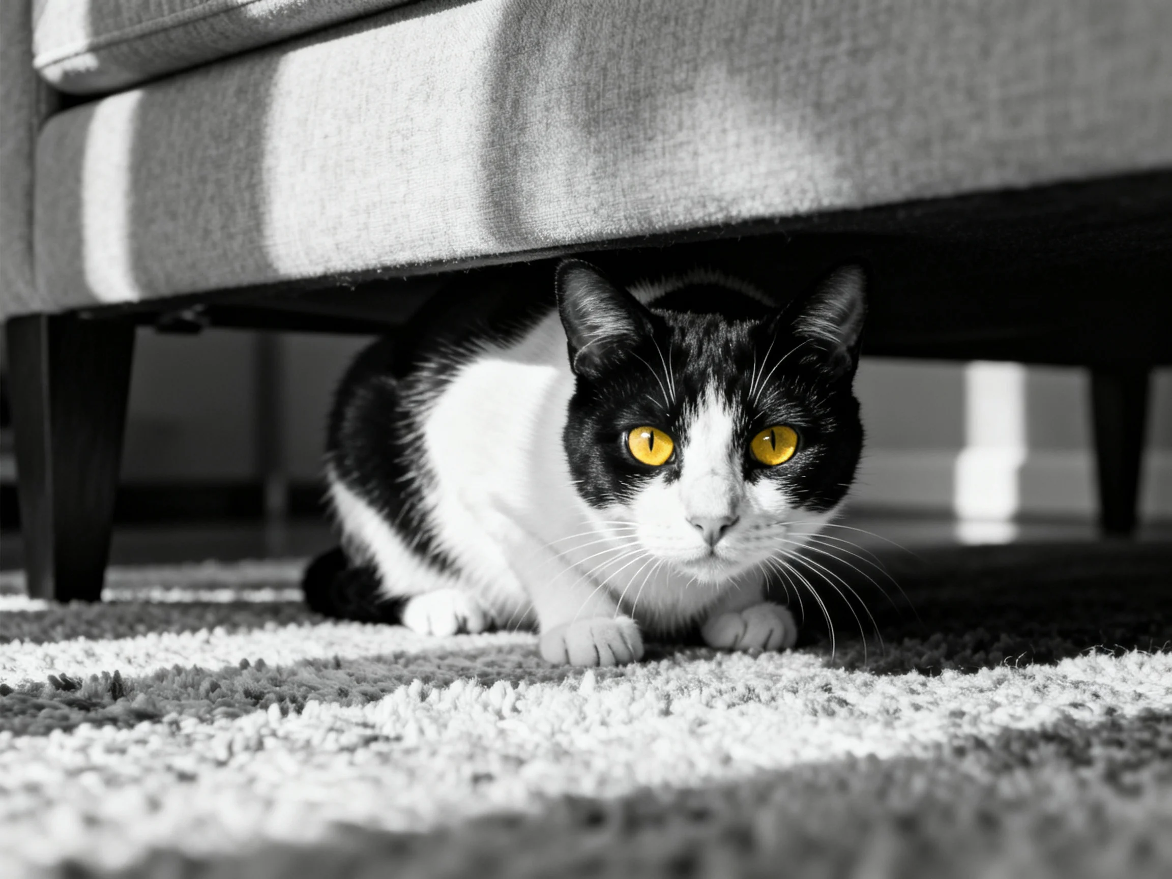 A black - and - white cat with yellow eyes hides under furniture on a textured rug