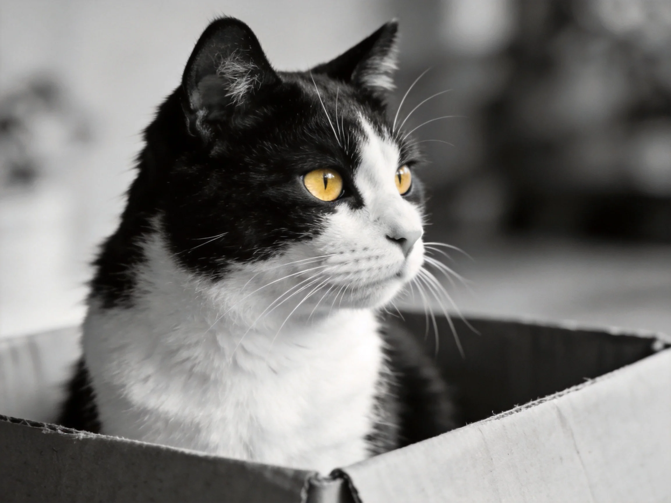 A black - and - white cat with yellow eyes sits inside a cardboard box.