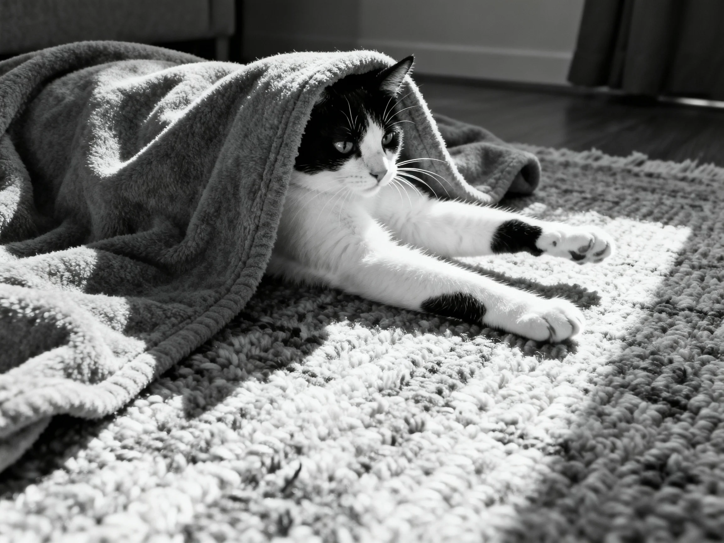 A black - and - white cat wrapped in a cozy blanket on a textured rug