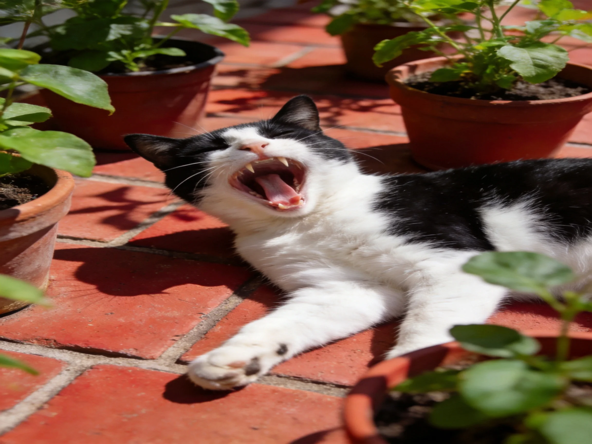 A black - and - white cat yawns near potted plants on a brick patio.