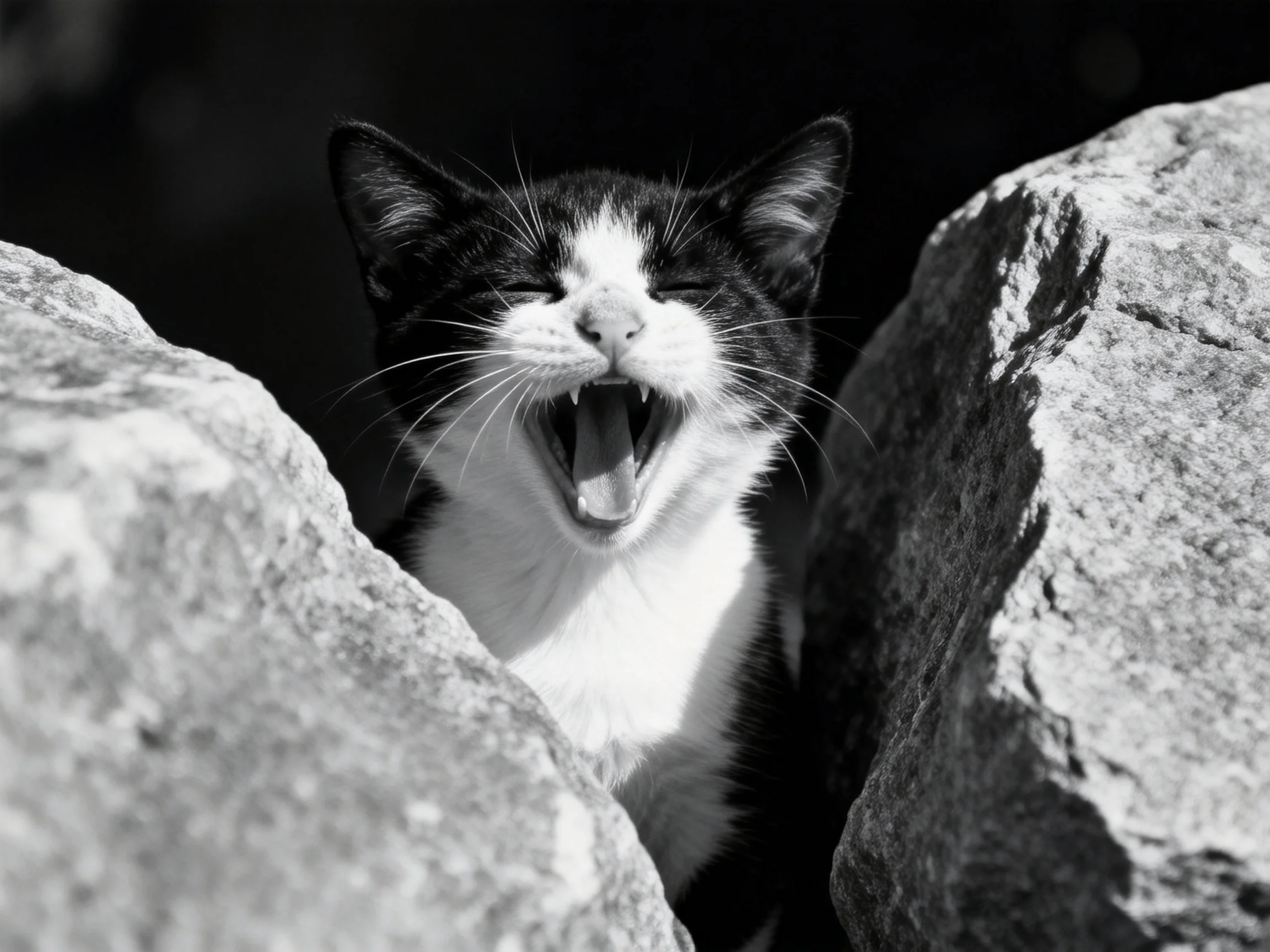 A black - and - white cat yawning between two large rocks