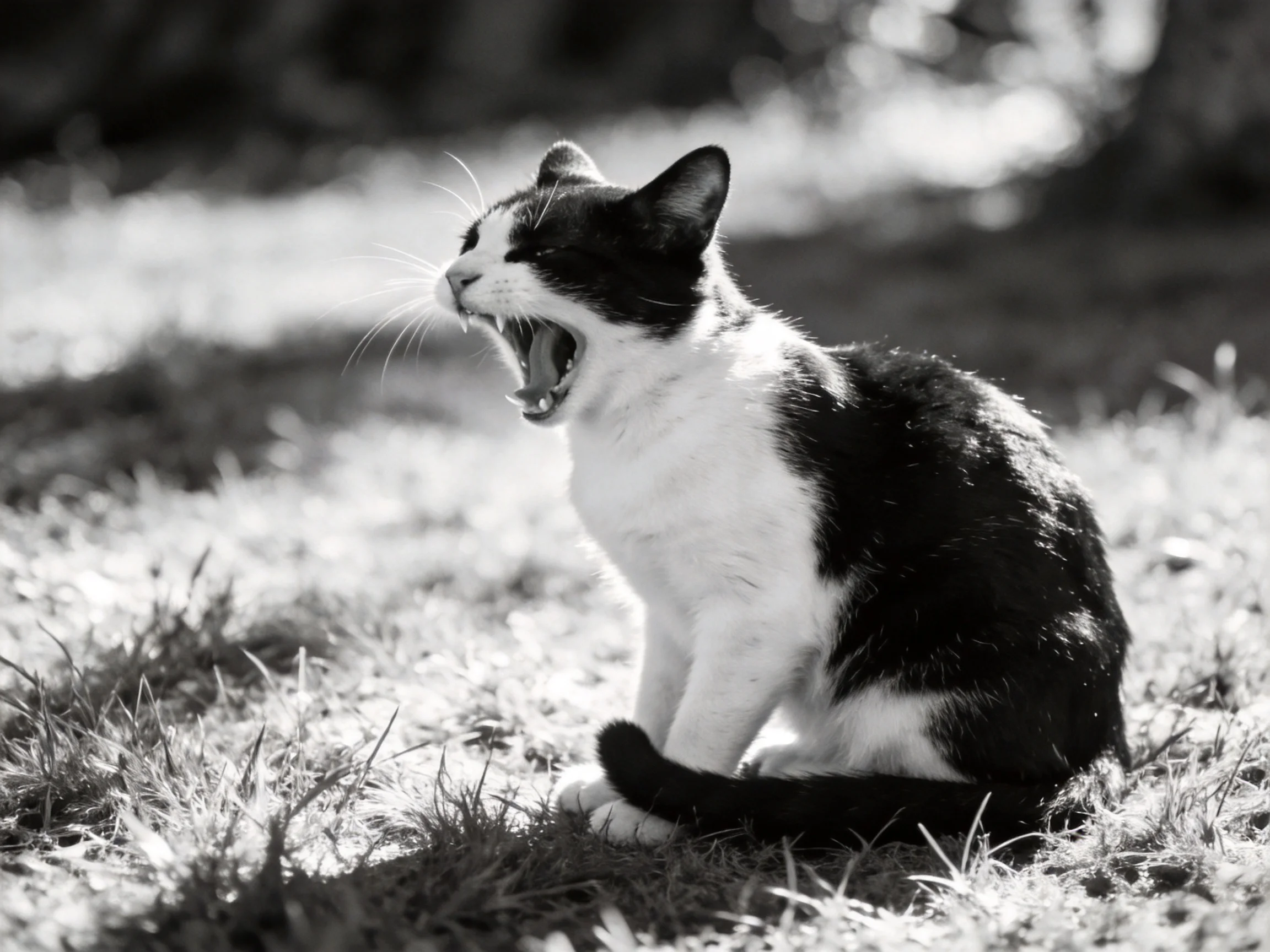 A black - and - white cat yawning on sunlit grass near trees
