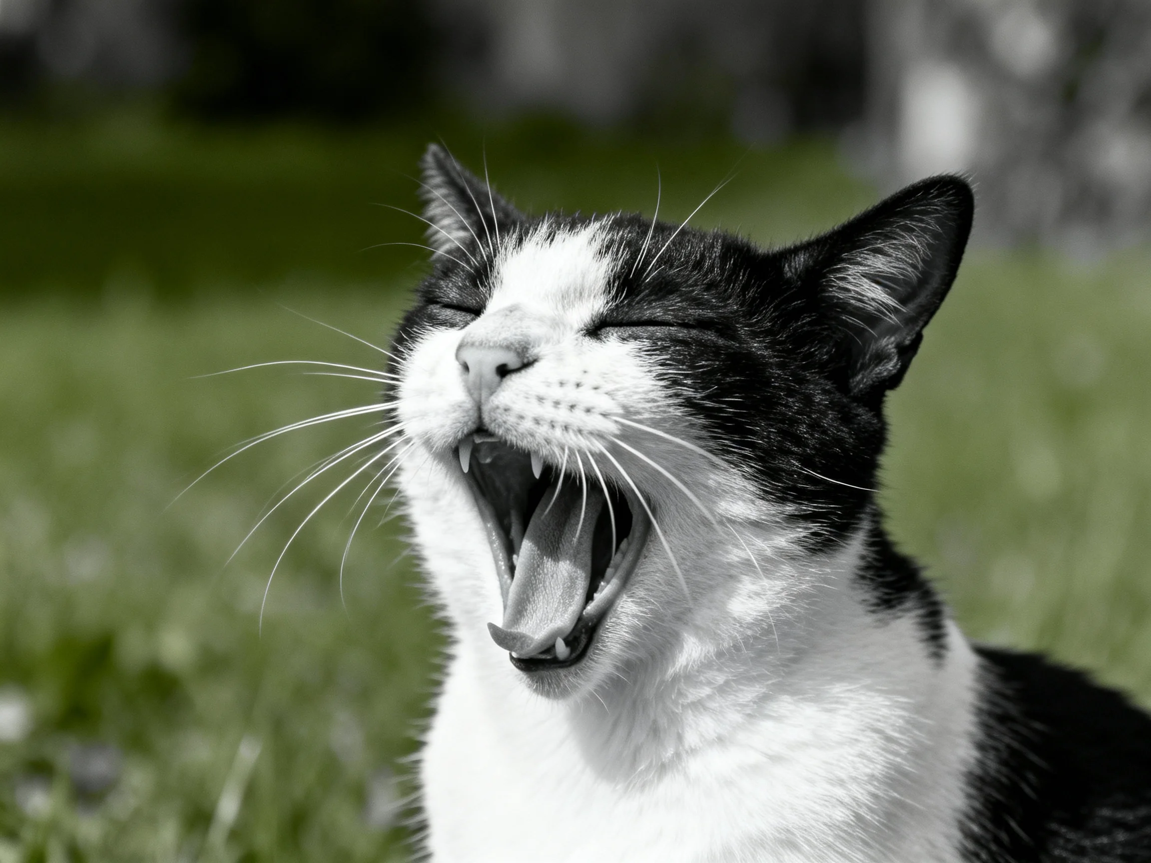 A black - and - white cat yawns widely on green grass.