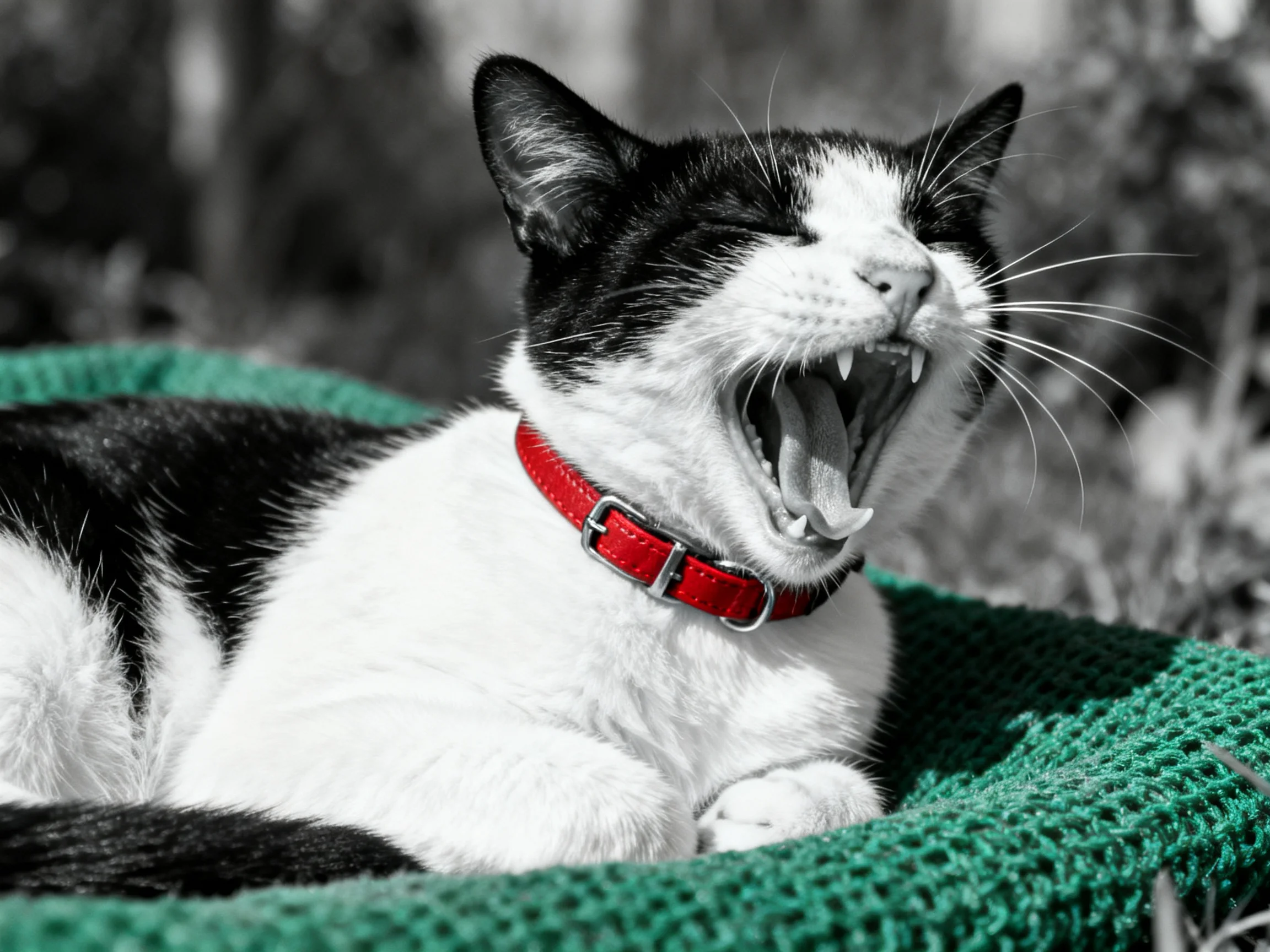 A black - and - white cat yawns on a green mat with a red collar