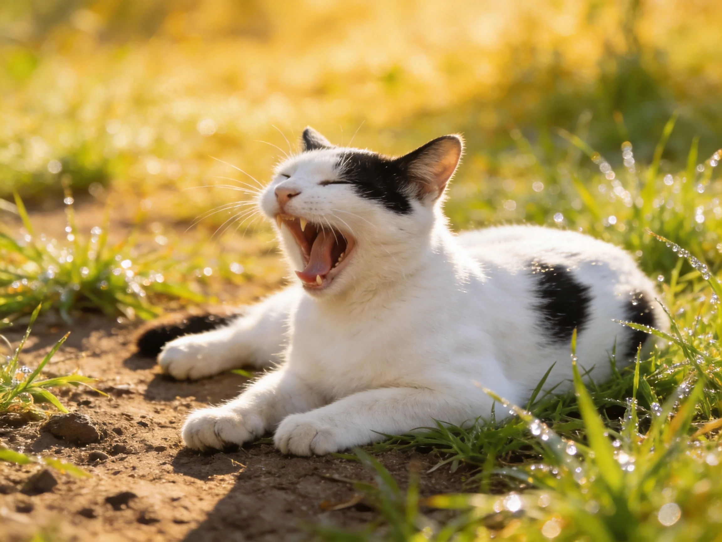 A black - and - white cat yawns on sunlit grass near a dirt path