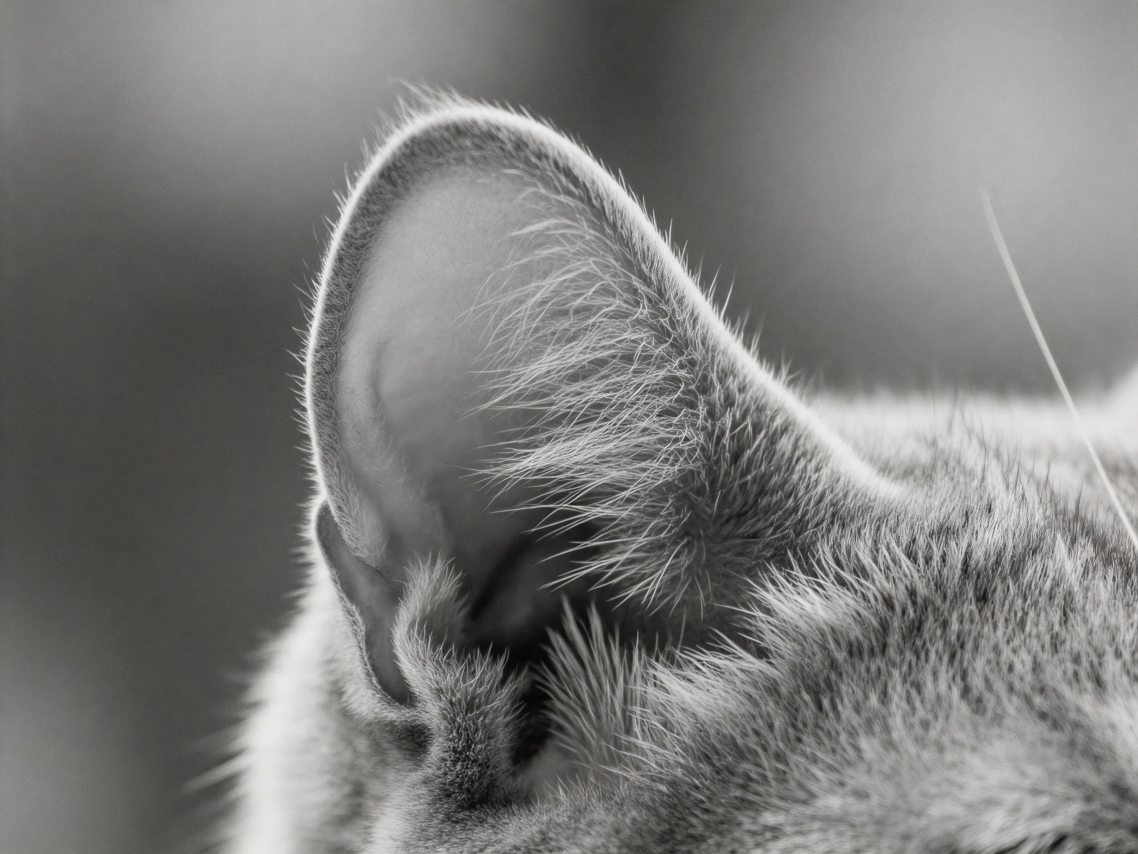 A black - and - white close - up highlights a cat’s ear with detailed fur.