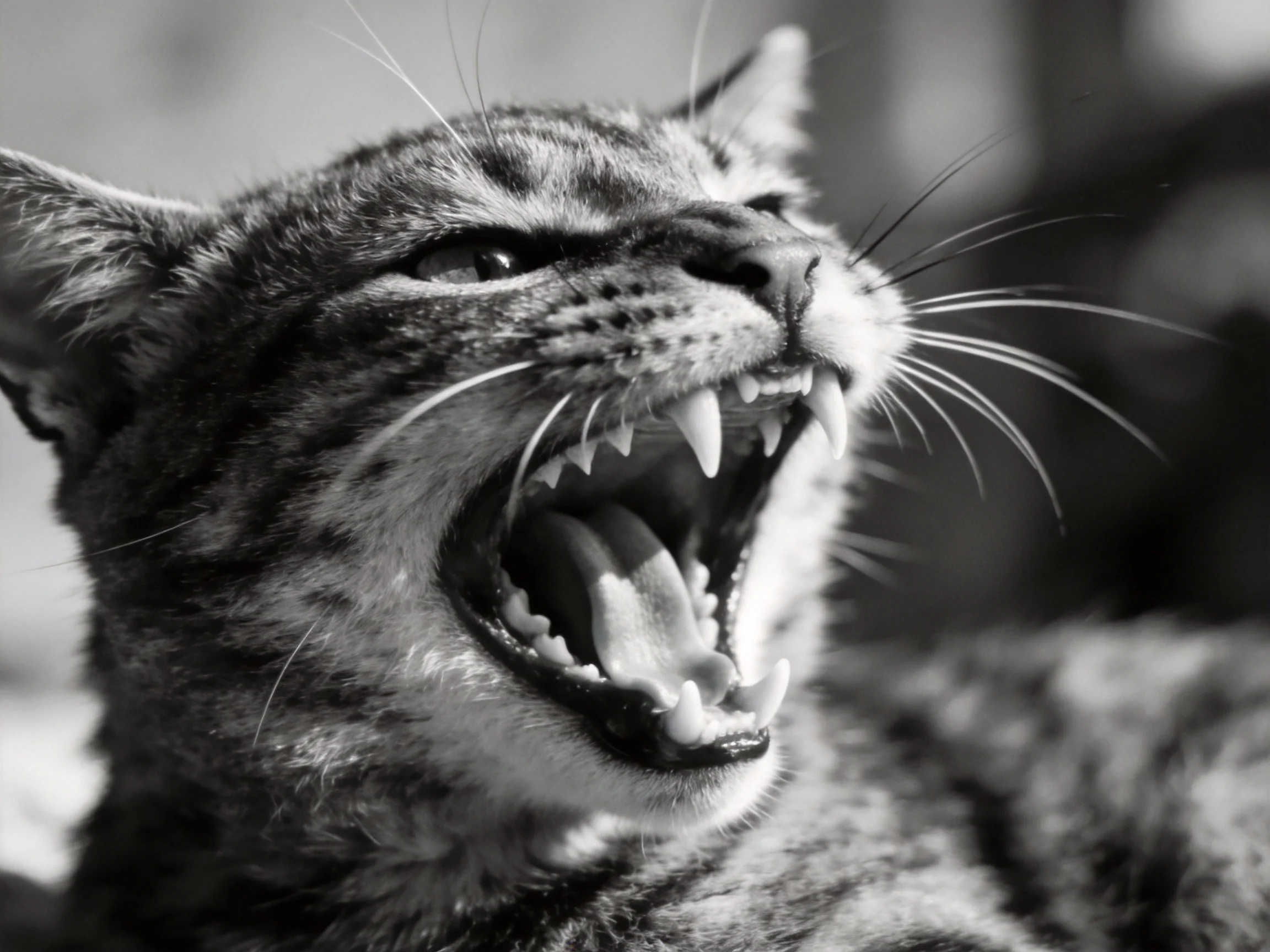 A black - and - white close - up shows a tabby cat yawning to display its teeth.