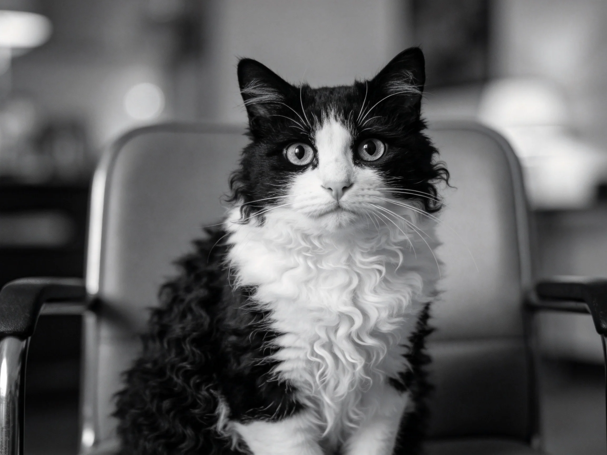 A black - and - white cat sits calmly on a chair indoors