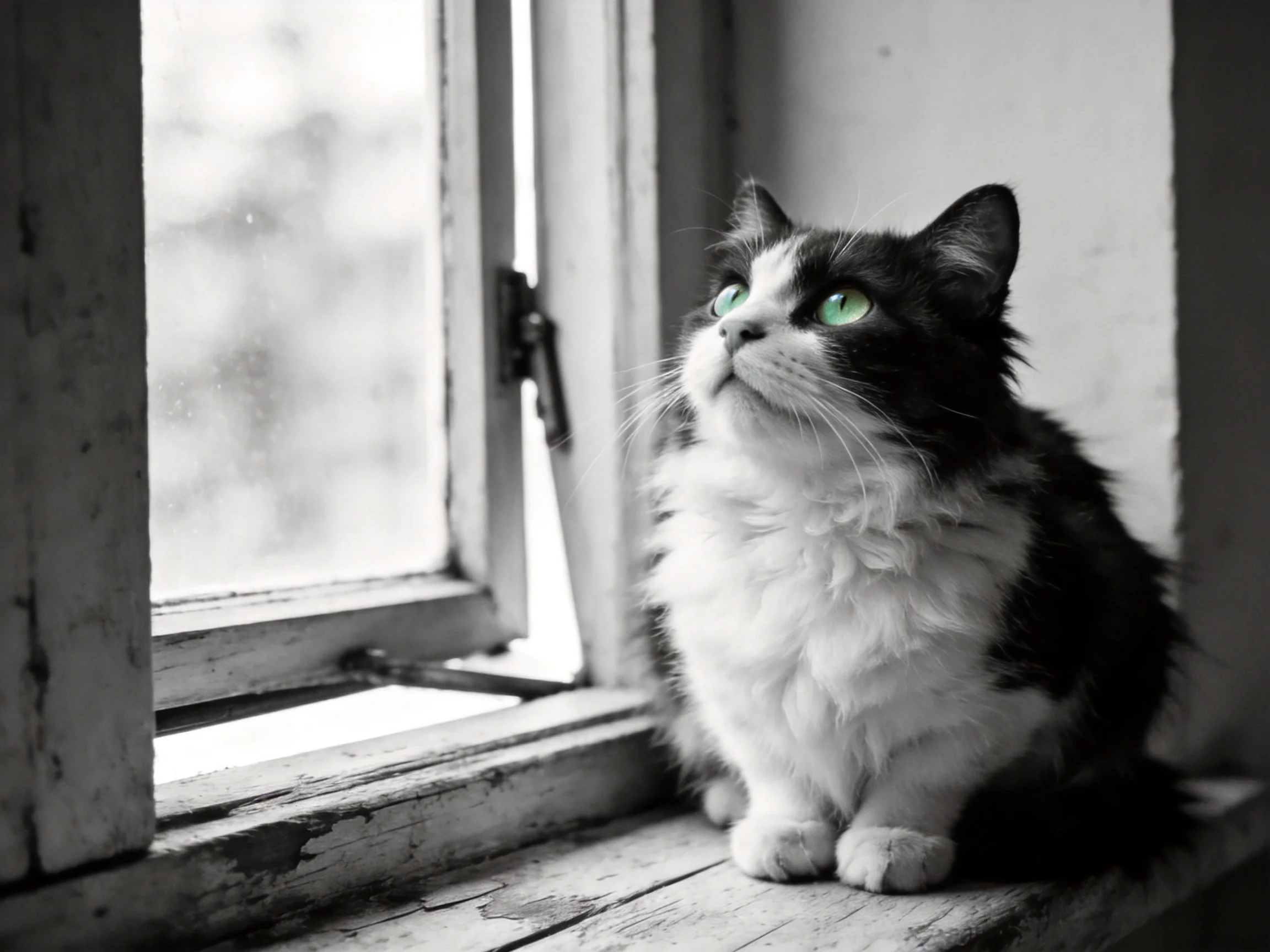 A black - and - white cat with bright green eyes sits by an old wooden window.