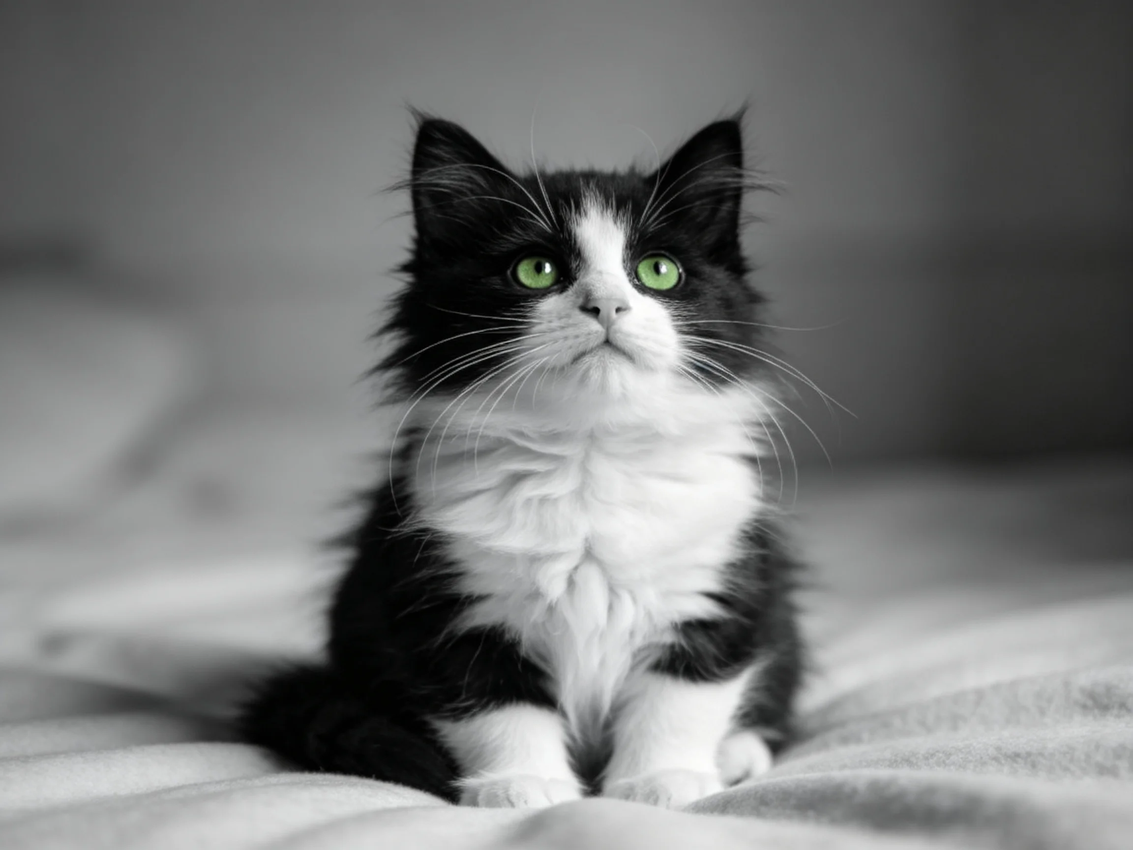 A black - and - white kitten with bright green eyes sits on soft fabric.