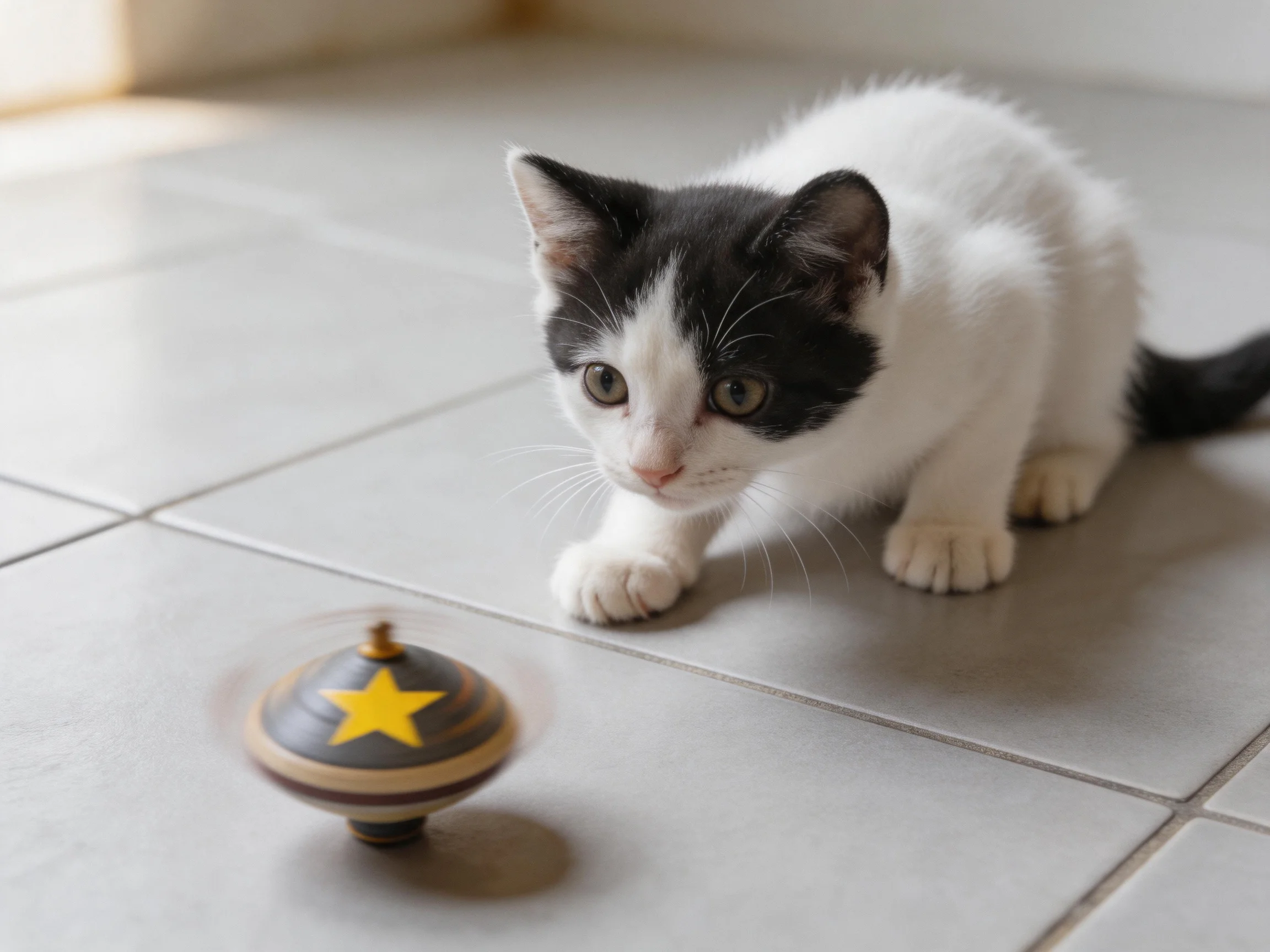 A black - and - white kitten watches a spinning star - shaped toy on a tiled floor.