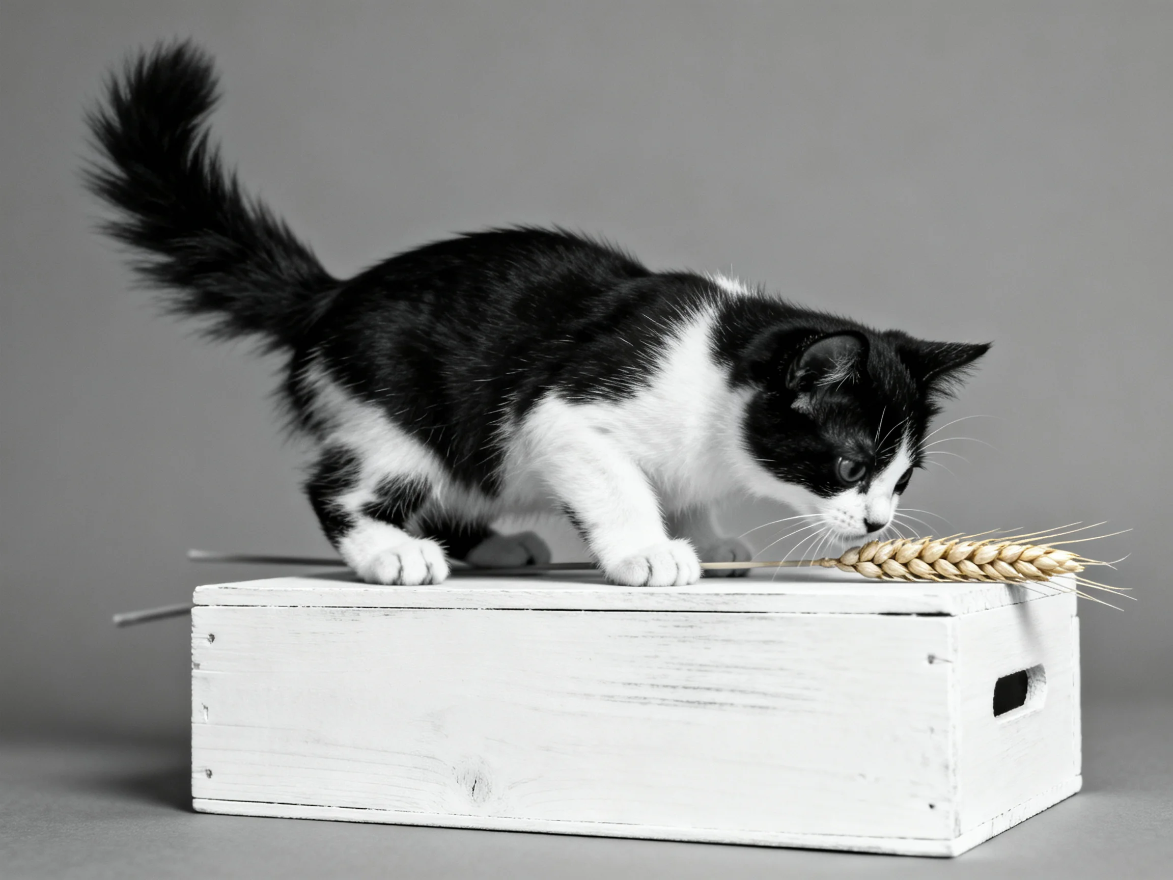 A black - and - white kitten explores a white wooden crate near a wheat stalk