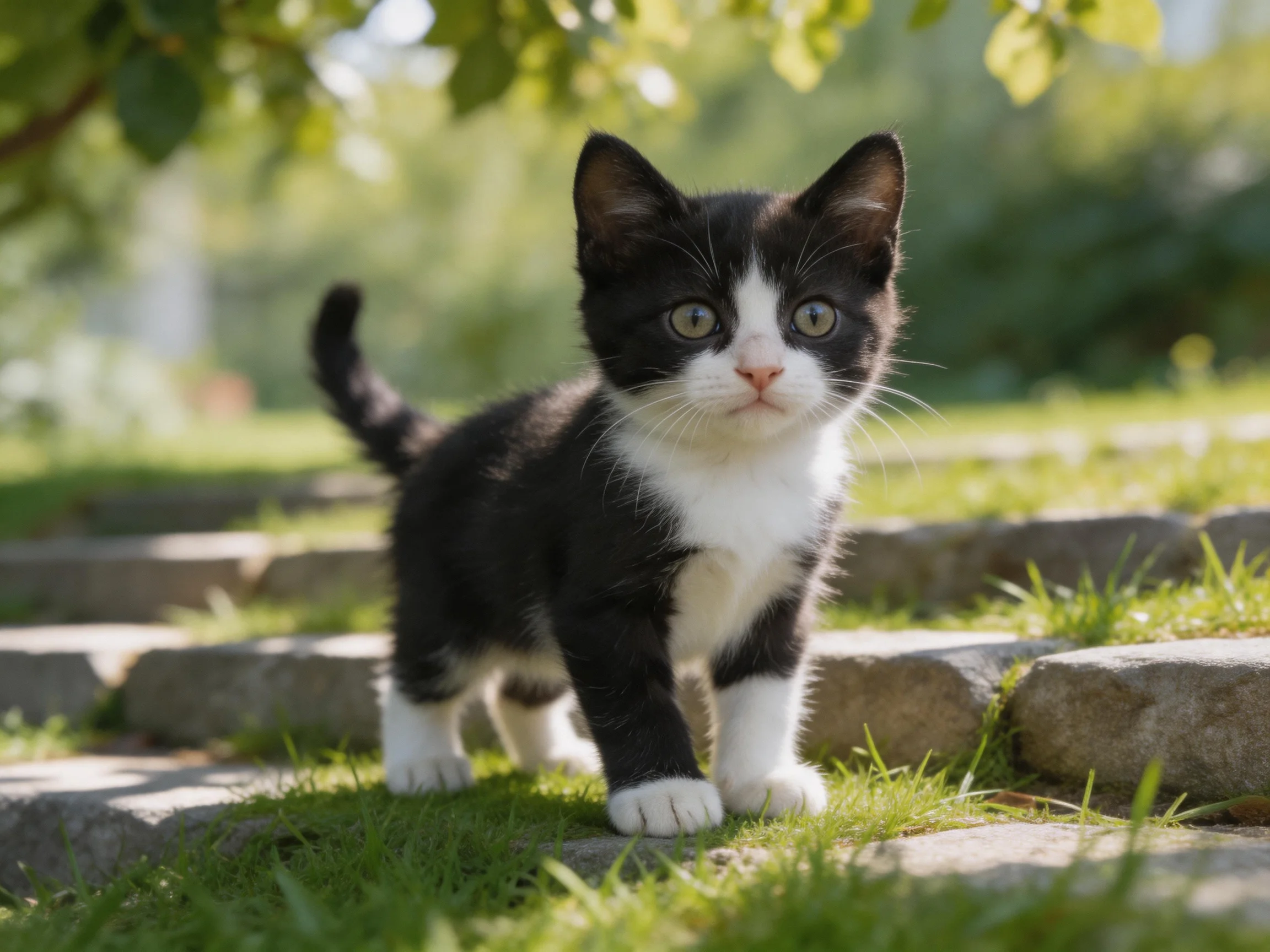 A black - and - white kitten exploring stone steps in a sunlit garden