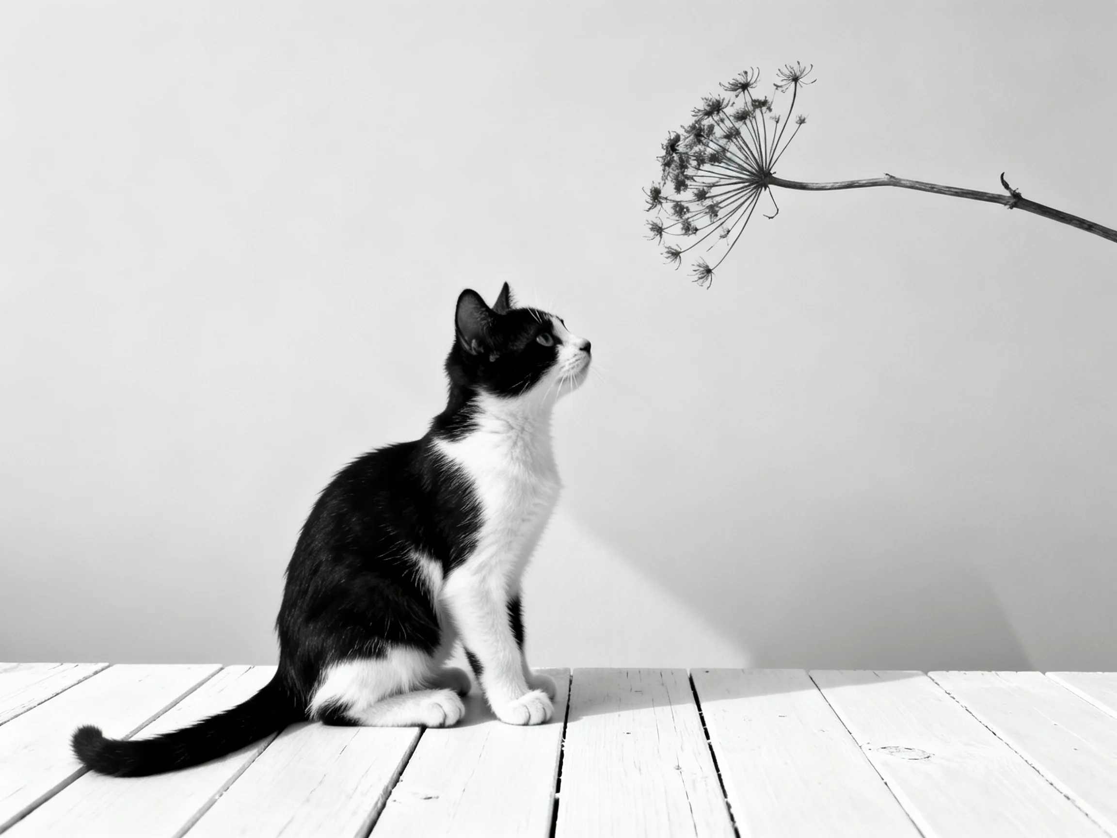 A black - and - white kitten looks up at a dried flower branch on a wooden surface.