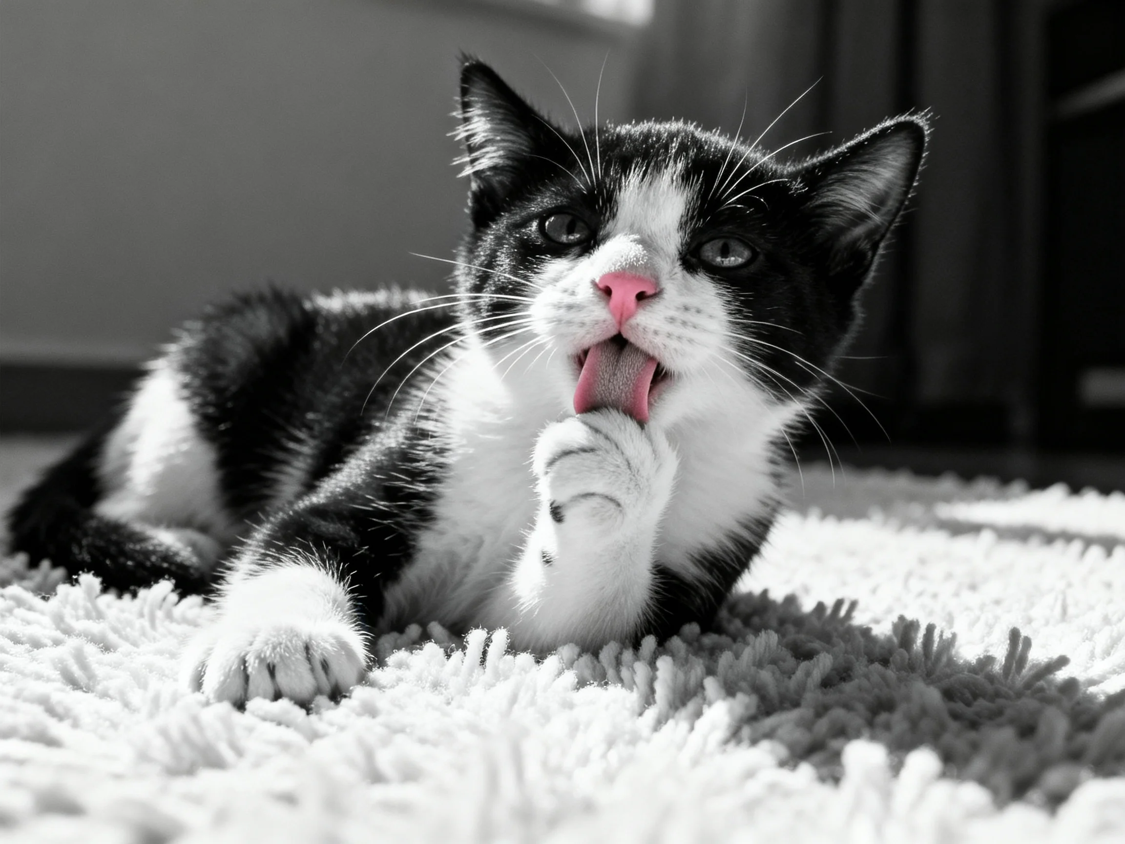 A black - and - white kitten grooms itself on a shaggy carpet