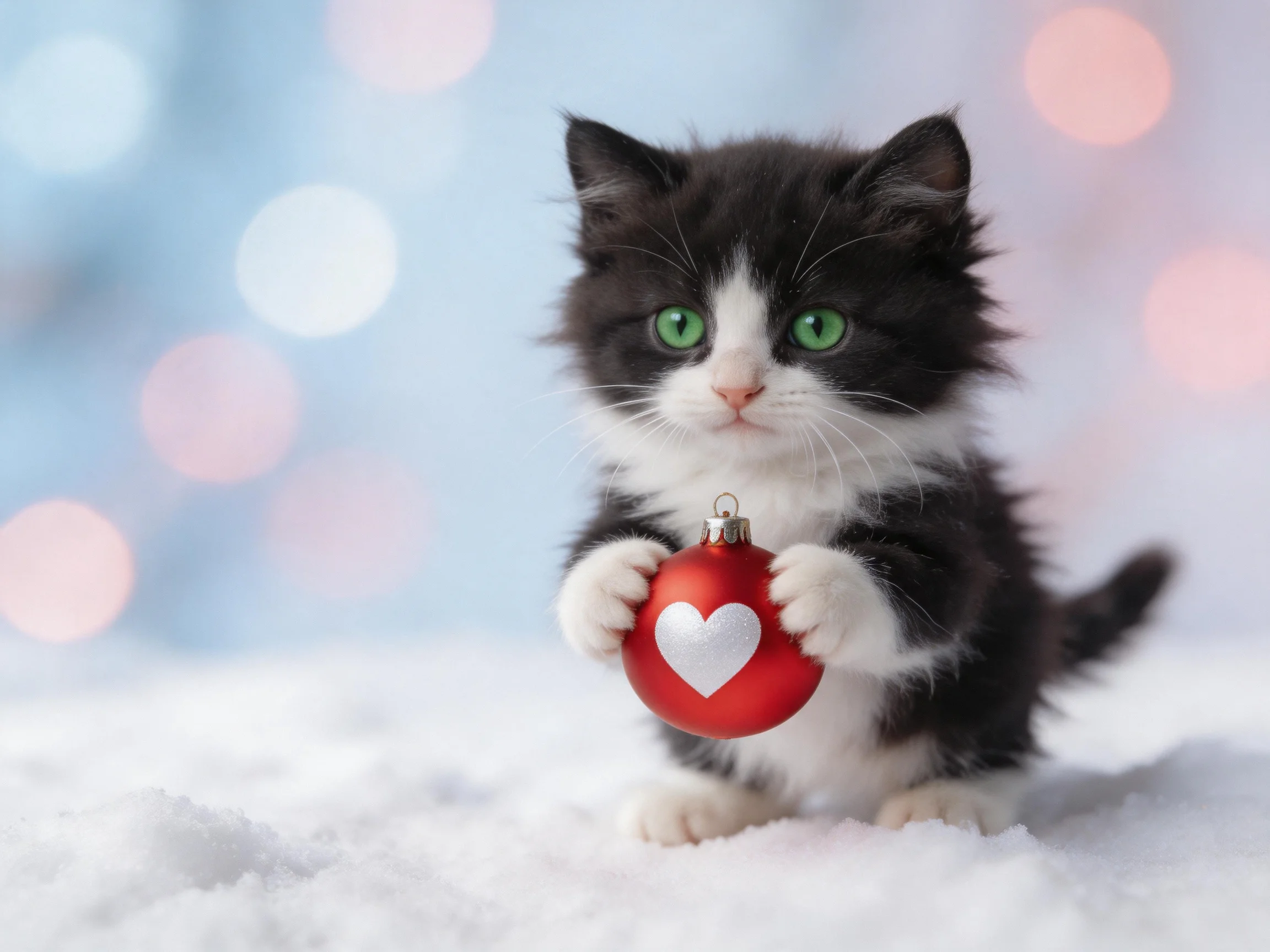 A small black - and - white kitten clutches a red ornament with a white heart in a snowy environment.