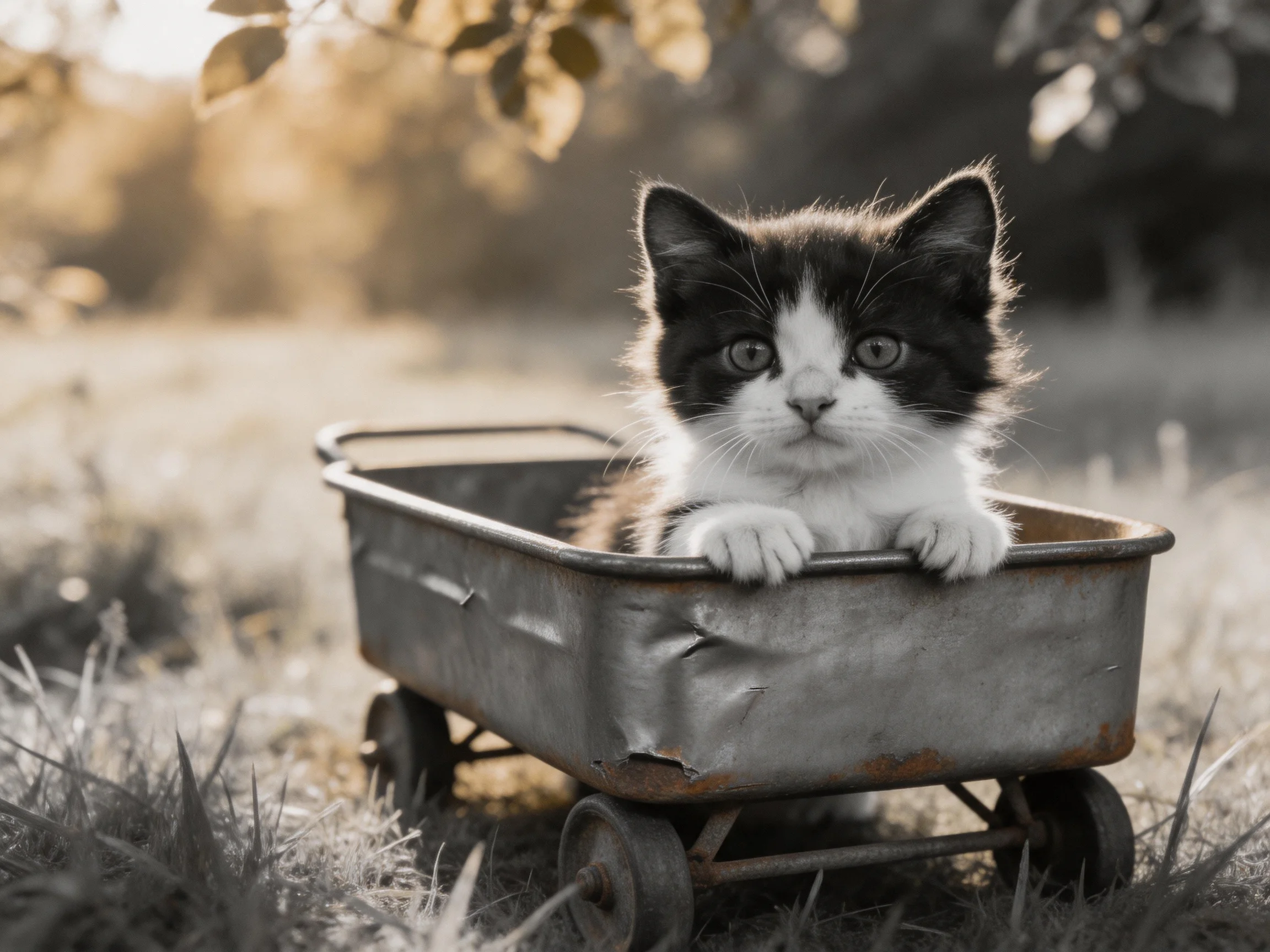 A black - and - white kitten in a weathered metal cart outdoors