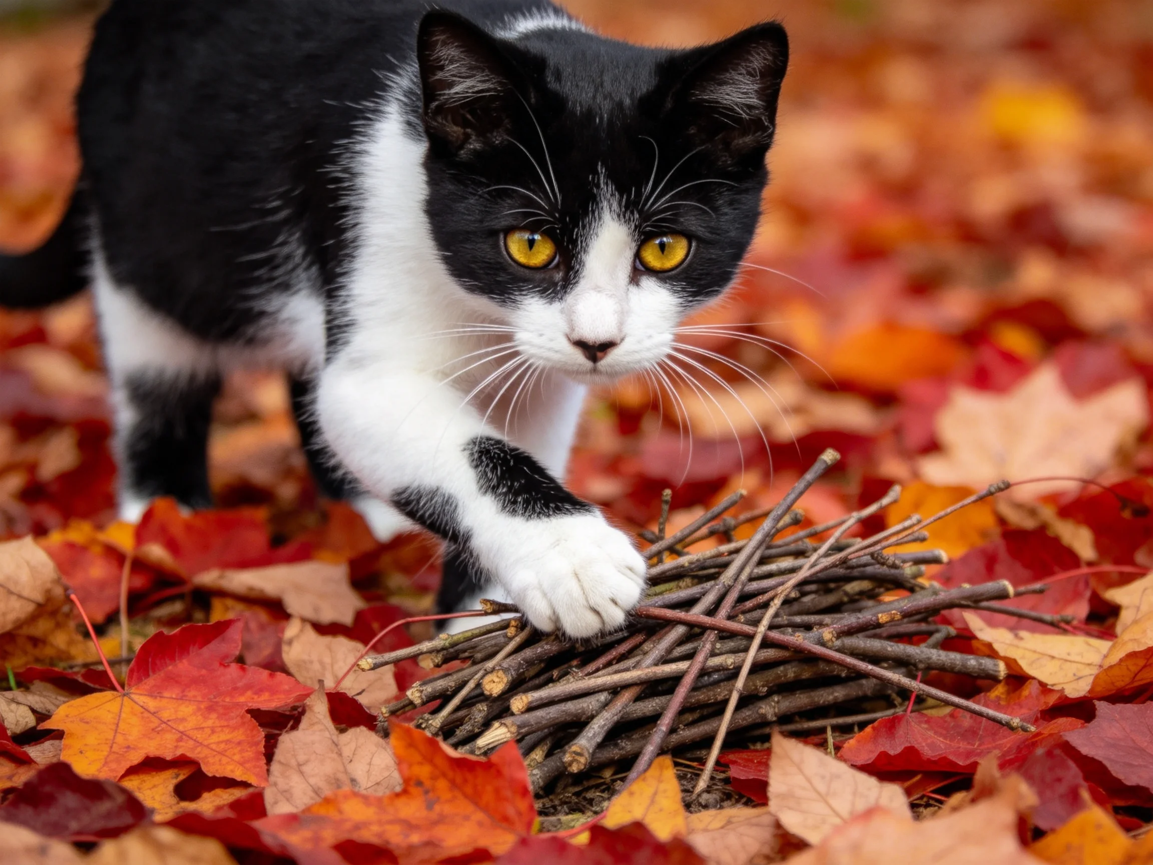 A black - and - white kitten interacts with twigs amid vibrant fall foliage