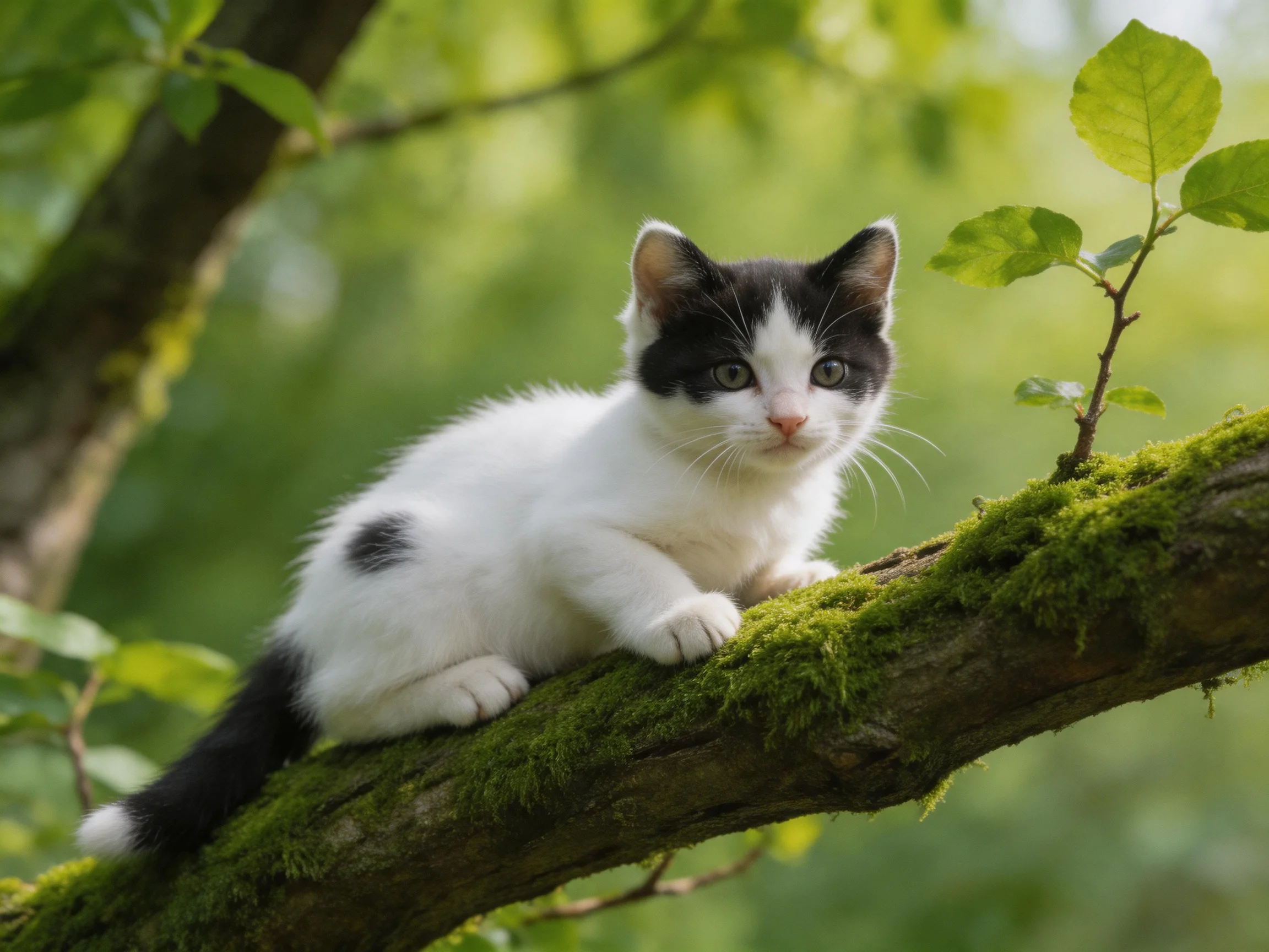 A black - and - white kitten rests on a mossy tree branch surrounded by greenery.