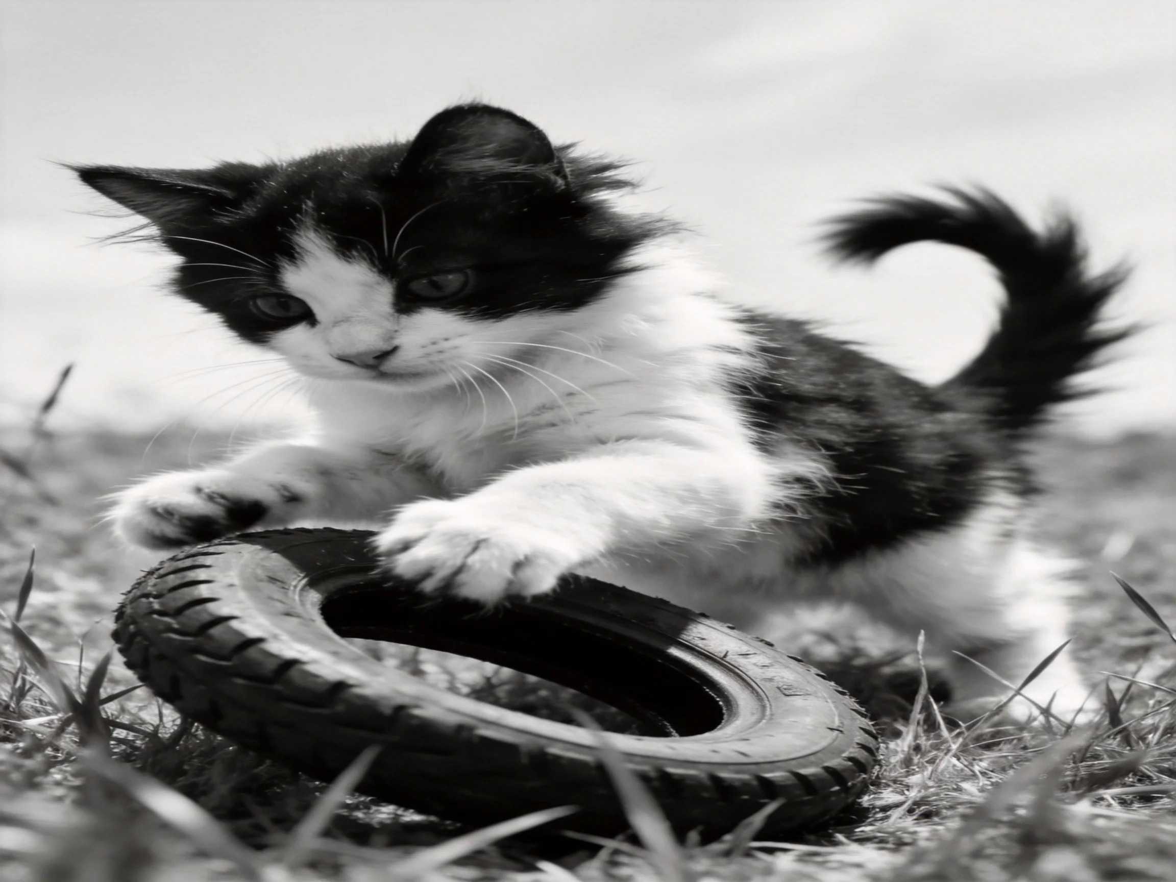 A black - and - white kitten plays with a tire on grass.