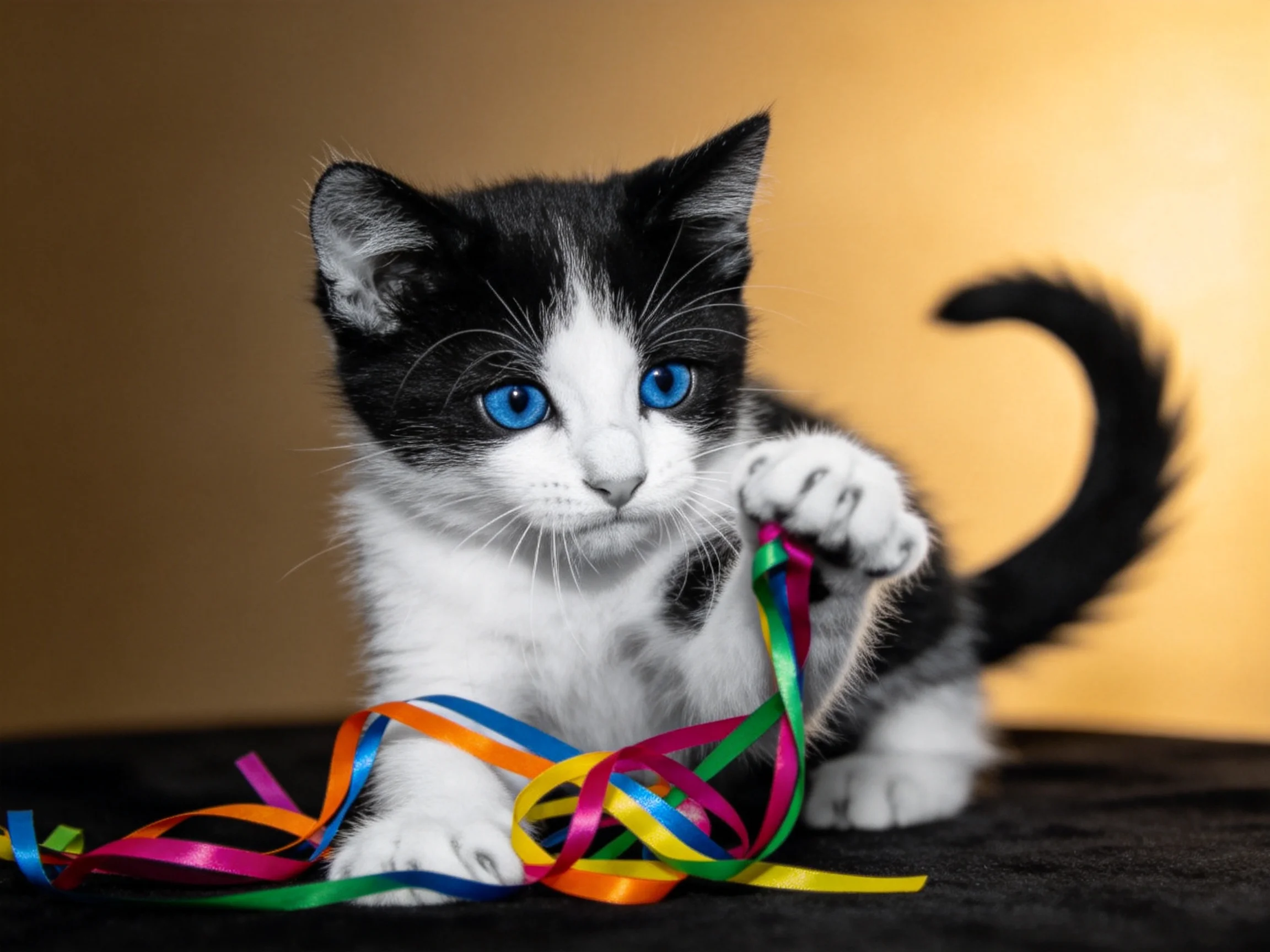A black - and - white kitten plays with colorful ribbons in a softly lit setting.