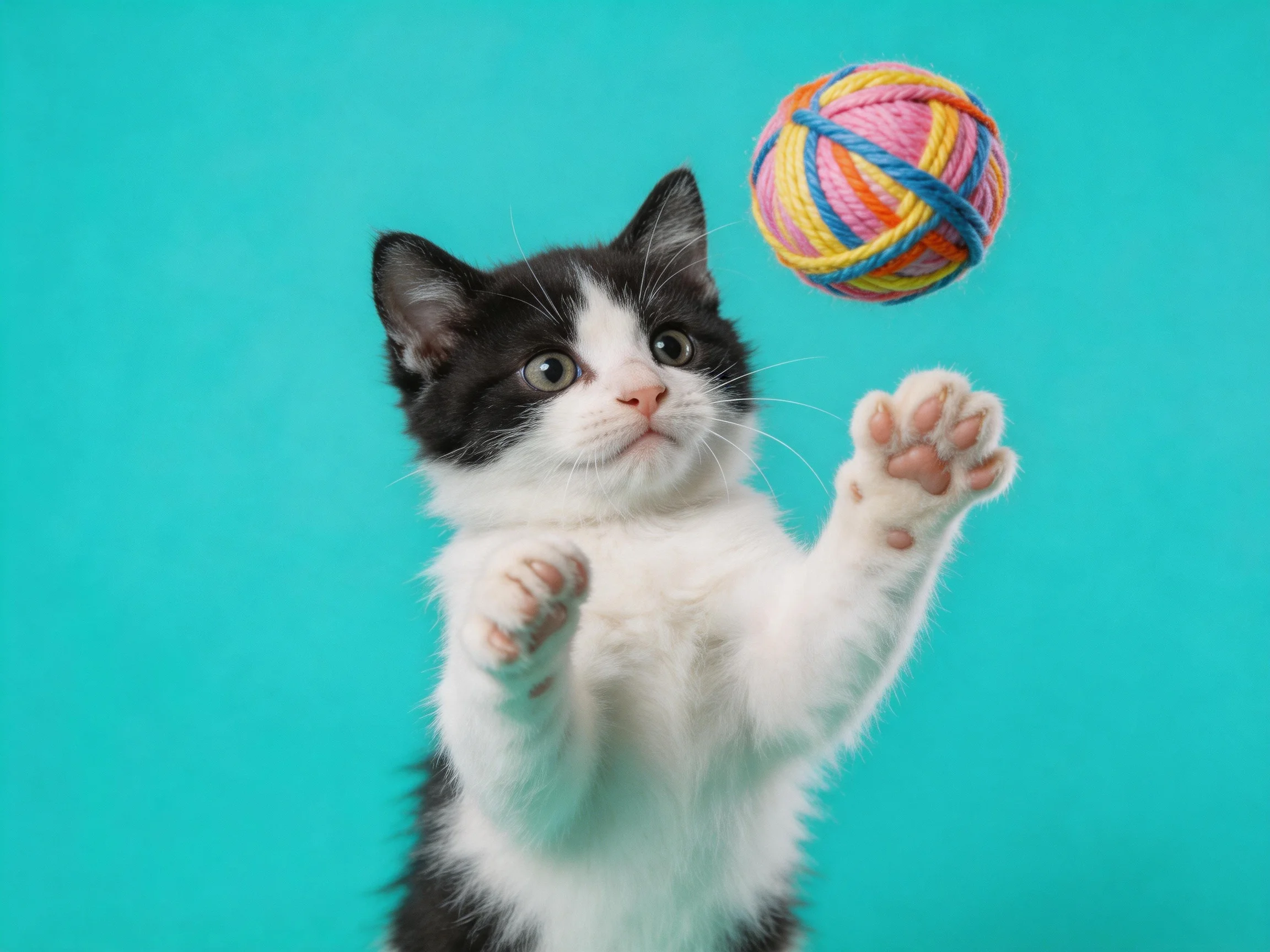 A black - and - white kitten reaching for a colorful yarn ball on a turquoise backdrop