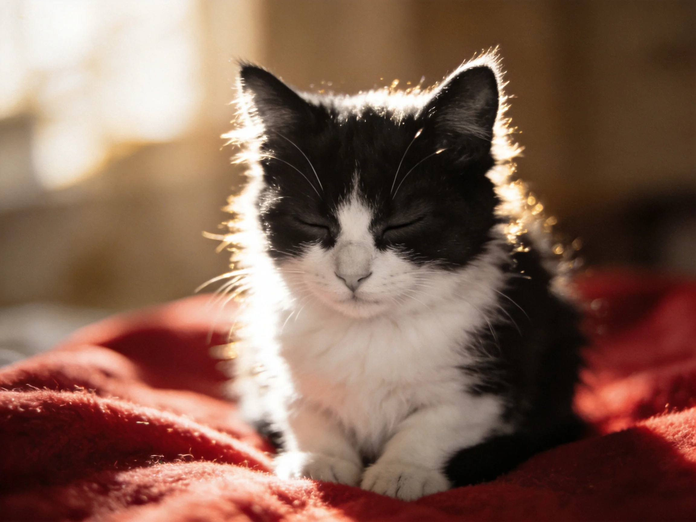 A black - and - white kitten rests peacefully on a red blanket amid soft sunlight.