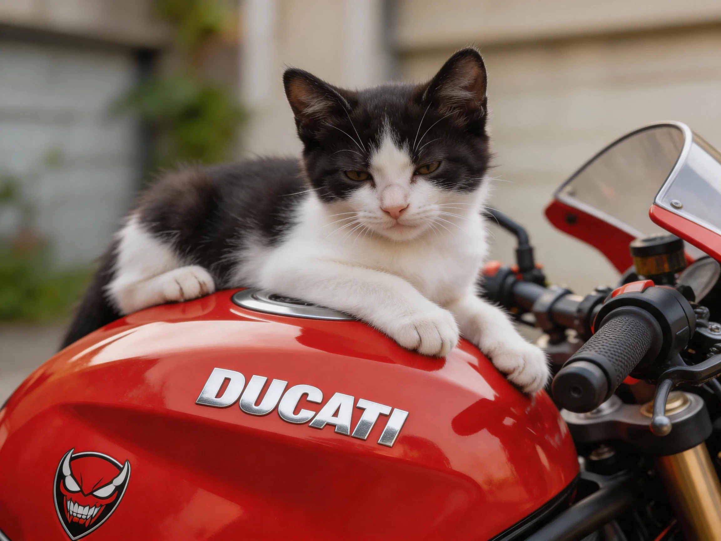 A black - and - white kitten sits calmly on a red Ducati motorcycle.
