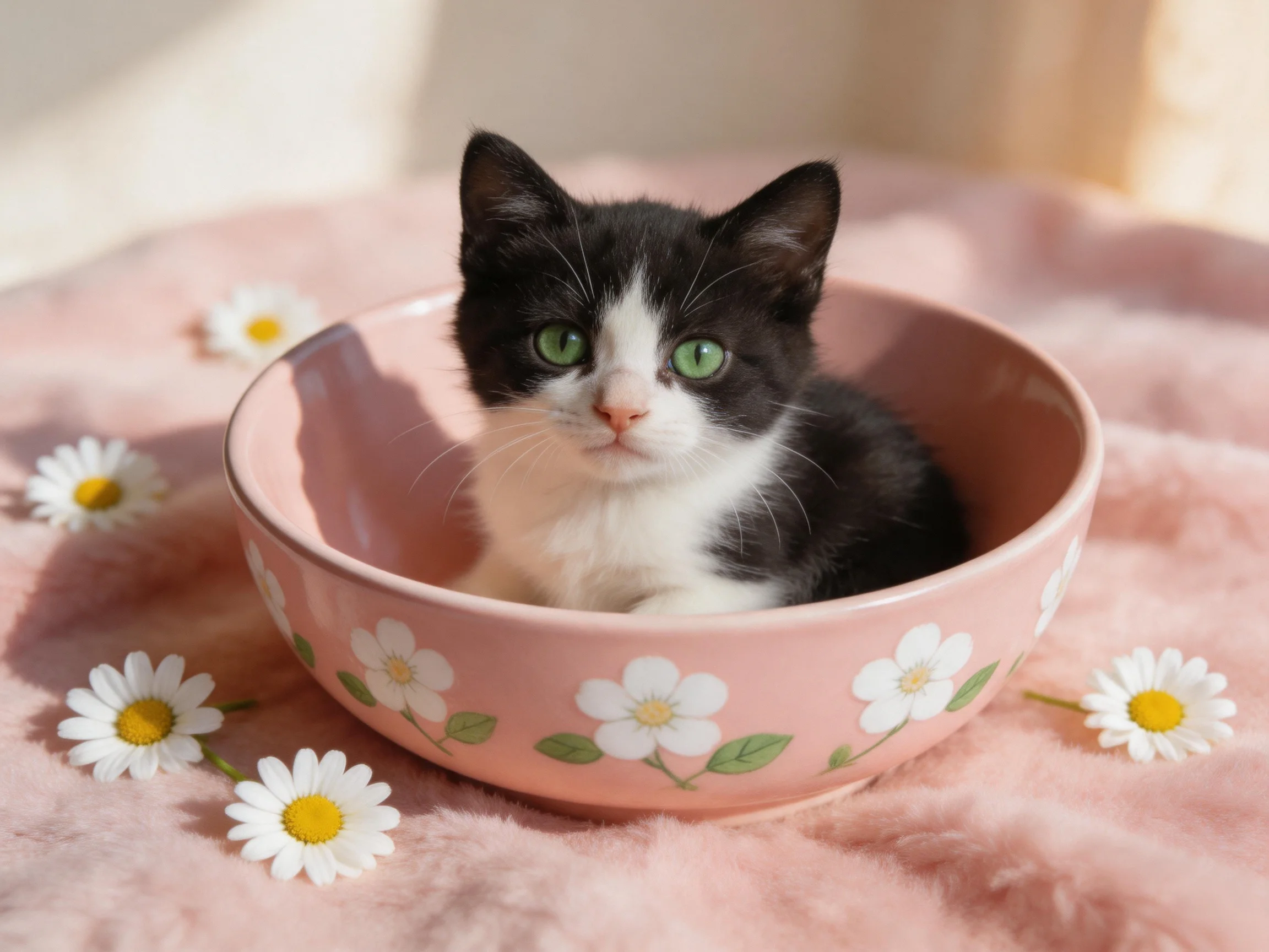 A black - and - white kitten rests in a pink flowered bowl amid daisies