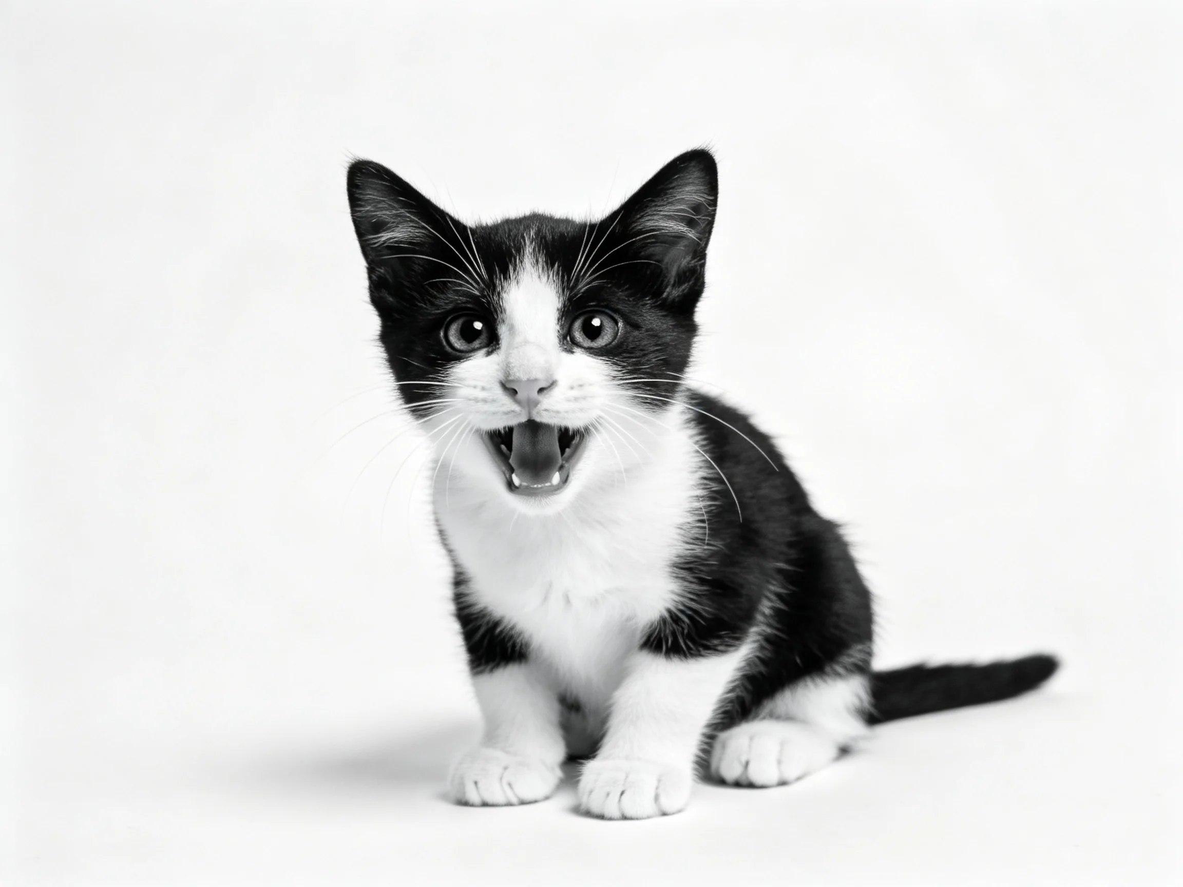 A black - and - white kitten sits against a white backdrop.