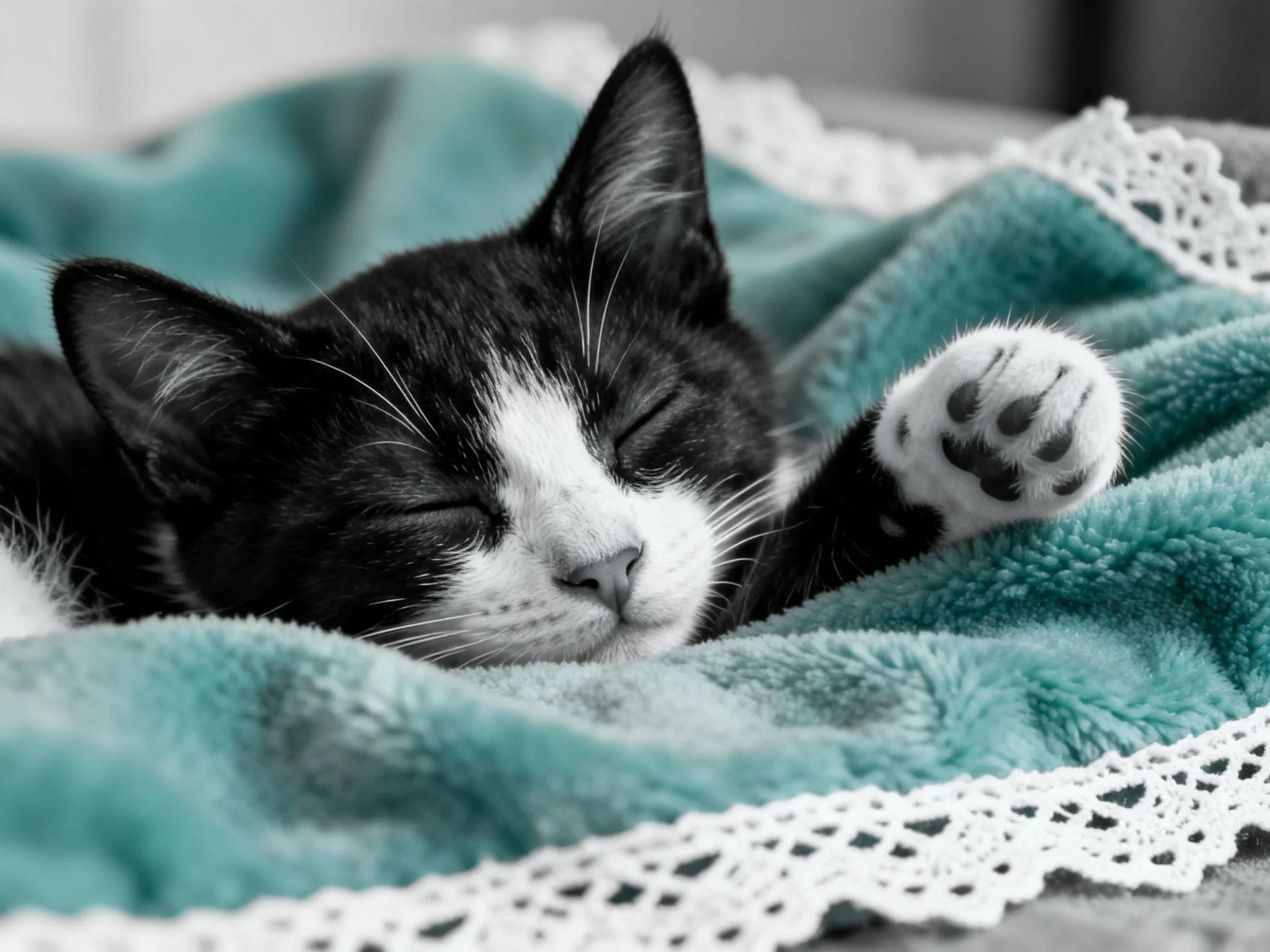 A black - and - white kitten sleeps peacefully on a teal blanket.