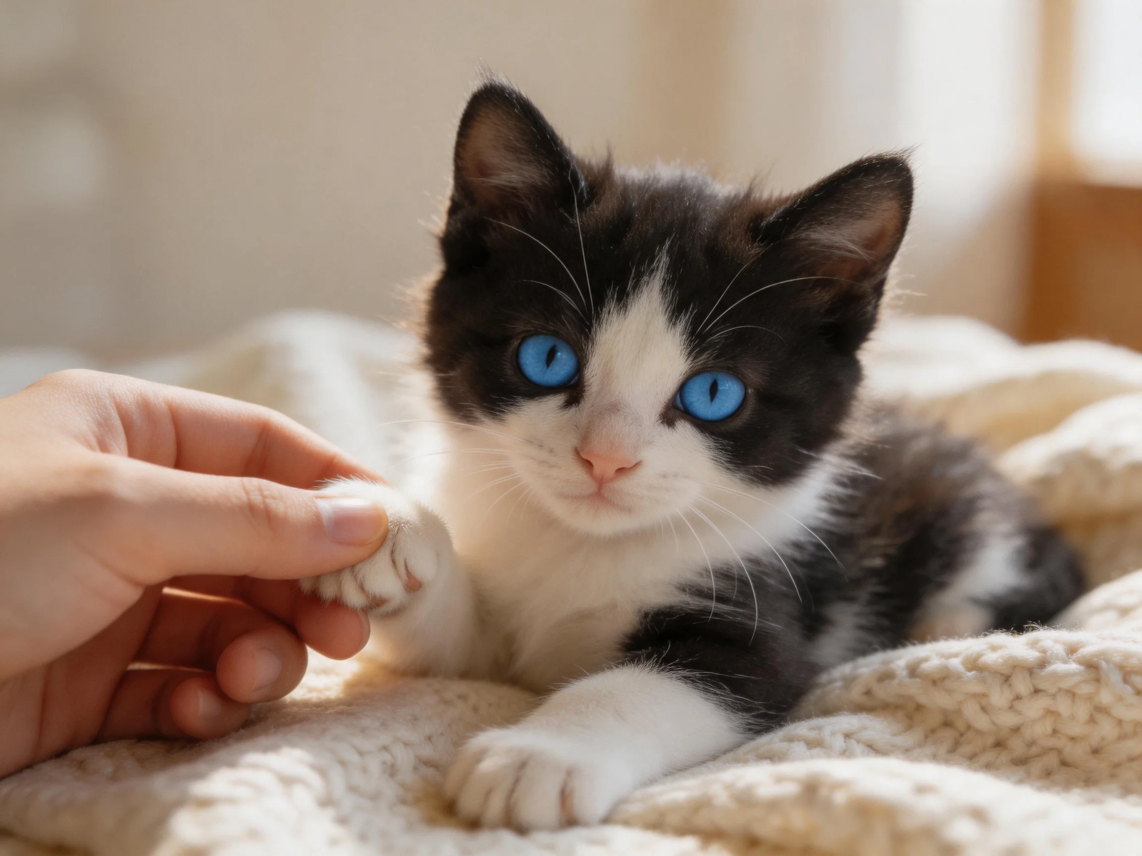 A black - and - white kitten with blue eyes interacts with a human hand on a soft blanket.